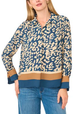 Vince Camuto Women's Long Sleeve Collar Split Neck Animal Print Blouse, XL