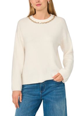 Vince Camuto Women's Long Sleeve Jewel Neck Sweater, White, XS