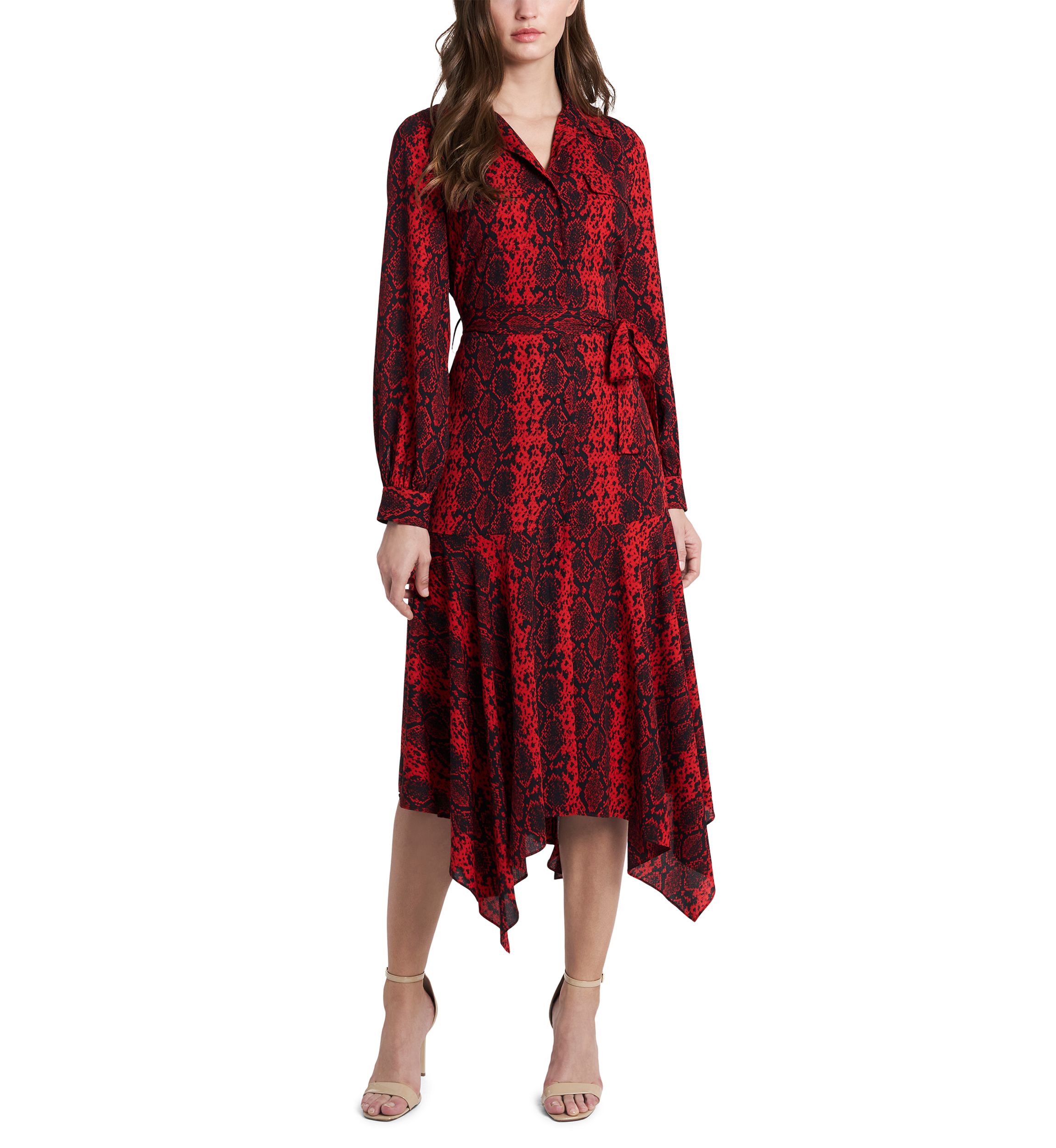 Womens Long Sleeve Printed Asymmetrical Hem Shirtdress