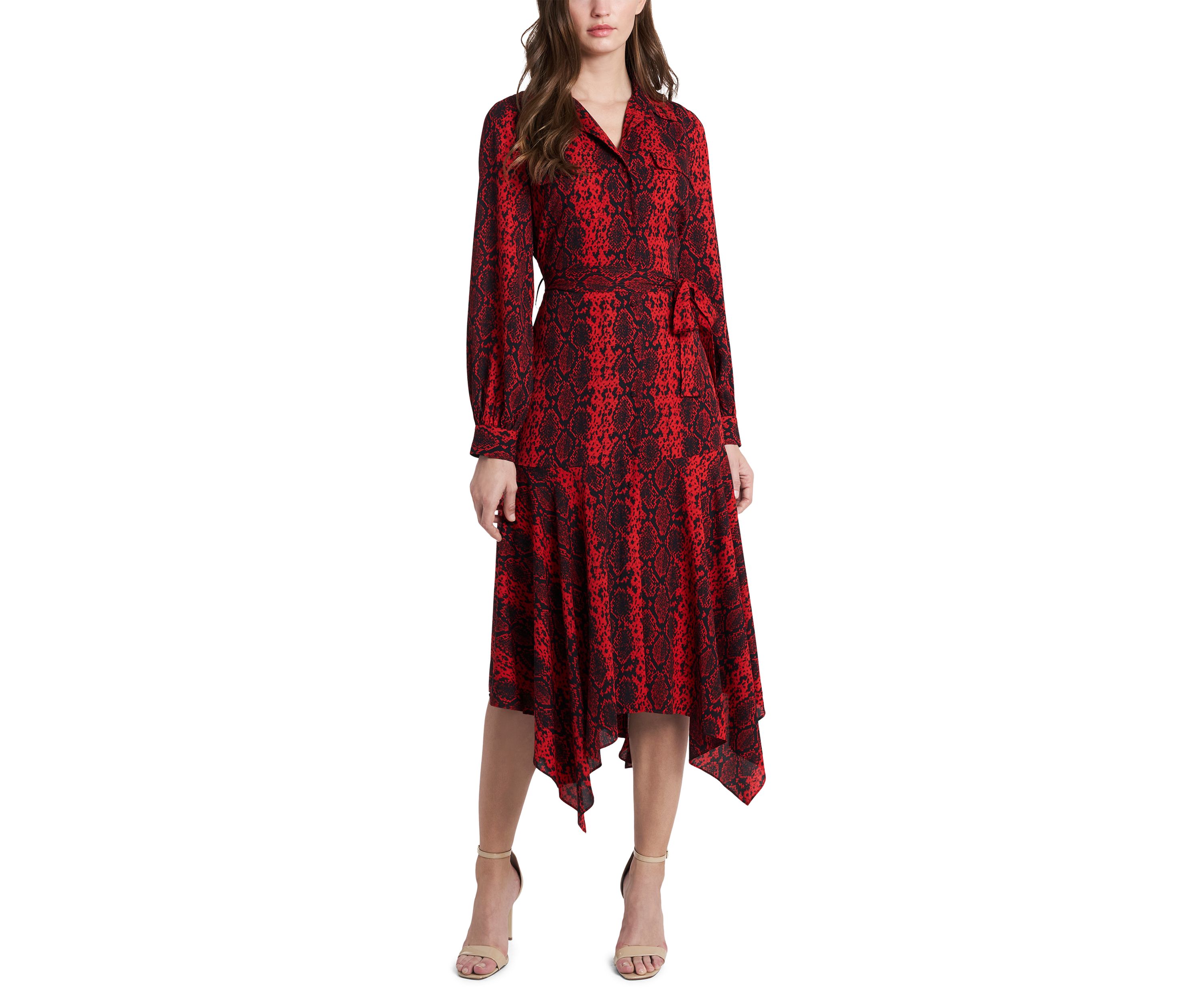 Womens Long Sleeve Printed Asymmetrical Hem Shirtdress