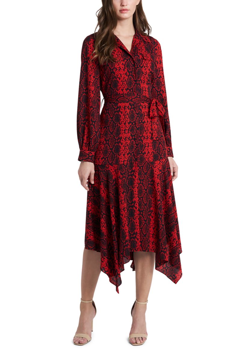 Womens Long Sleeve Printed Asymmetrical Hem Shirtdress