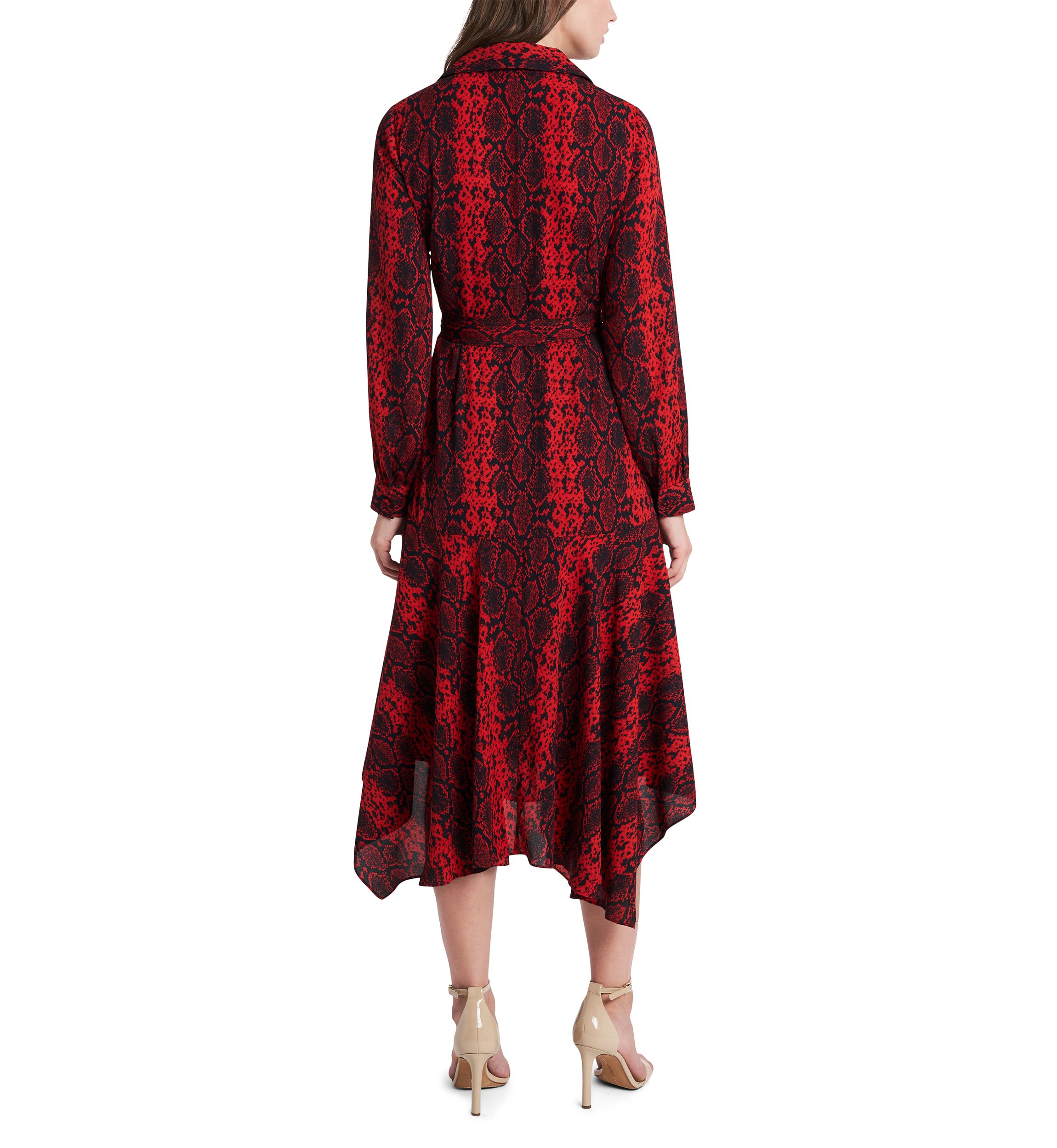 Womens Long Sleeve Printed Asymmetrical Hem Shirtdress