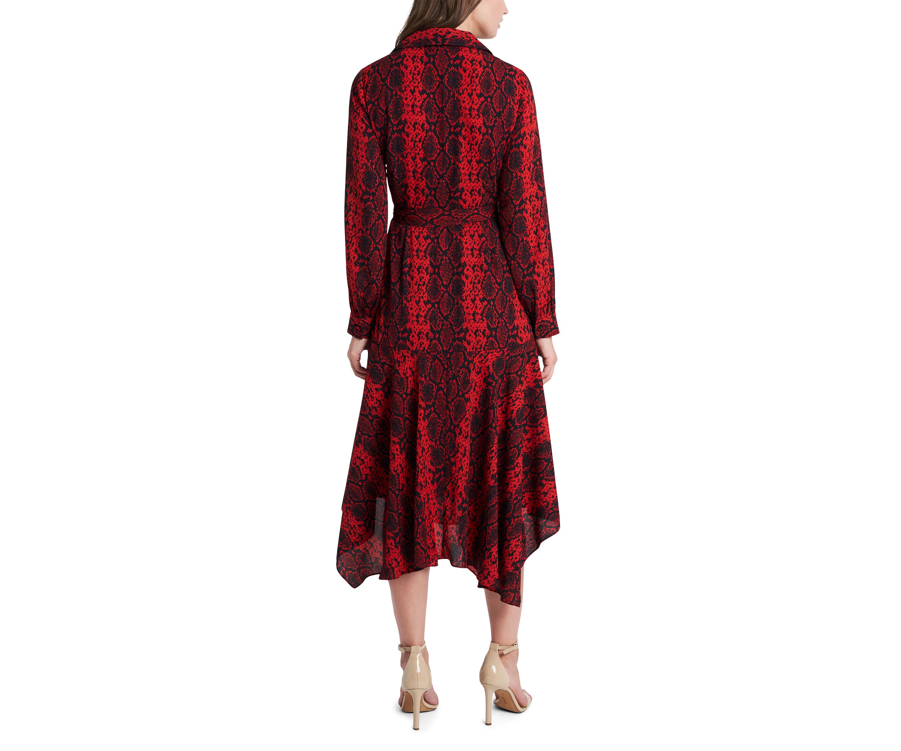 Womens Long Sleeve Printed Asymmetrical Hem Shirtdress