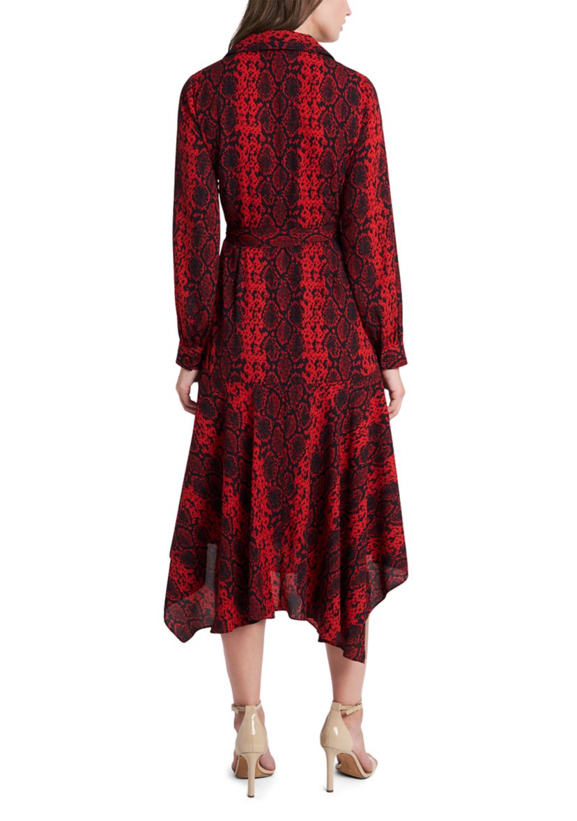 Womens Long Sleeve Printed Asymmetrical Hem Shirtdress