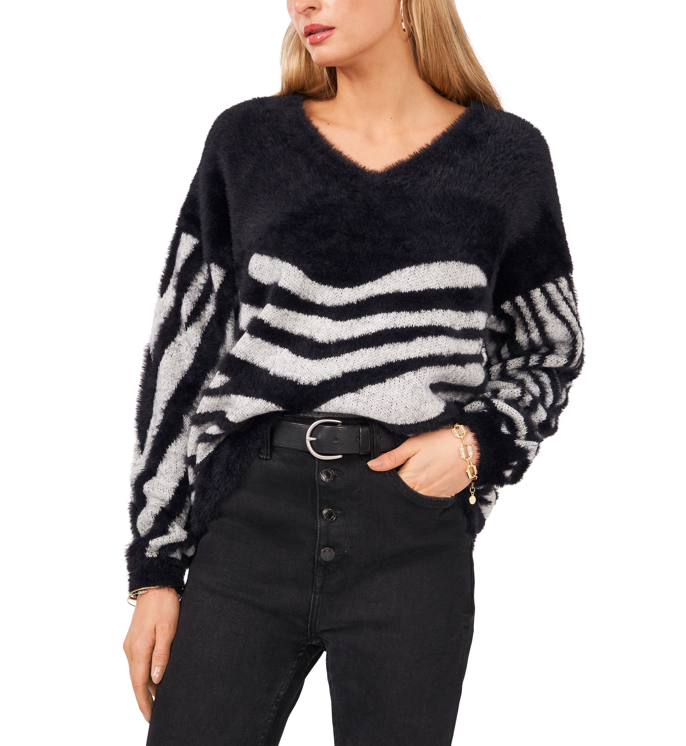 Womens V-Neck Animal Print Sweater 