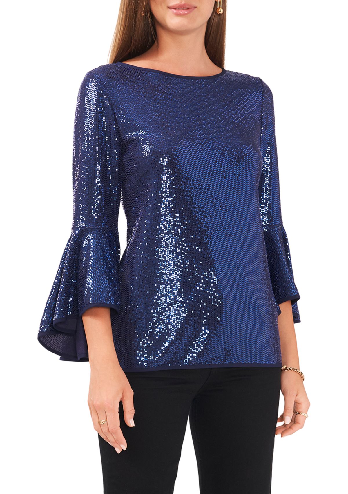 Womens Bell Sleeve Allover Sparkle Knit Blouse