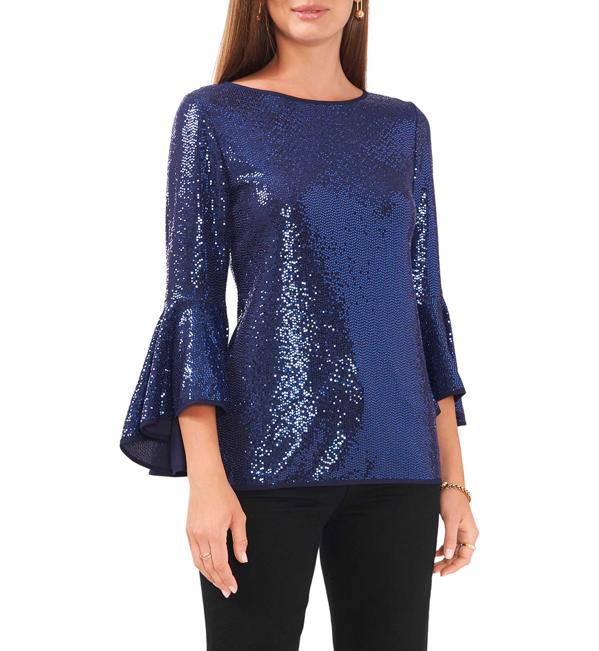 Womens Bell Sleeve Allover Sparkle Knit Blouse