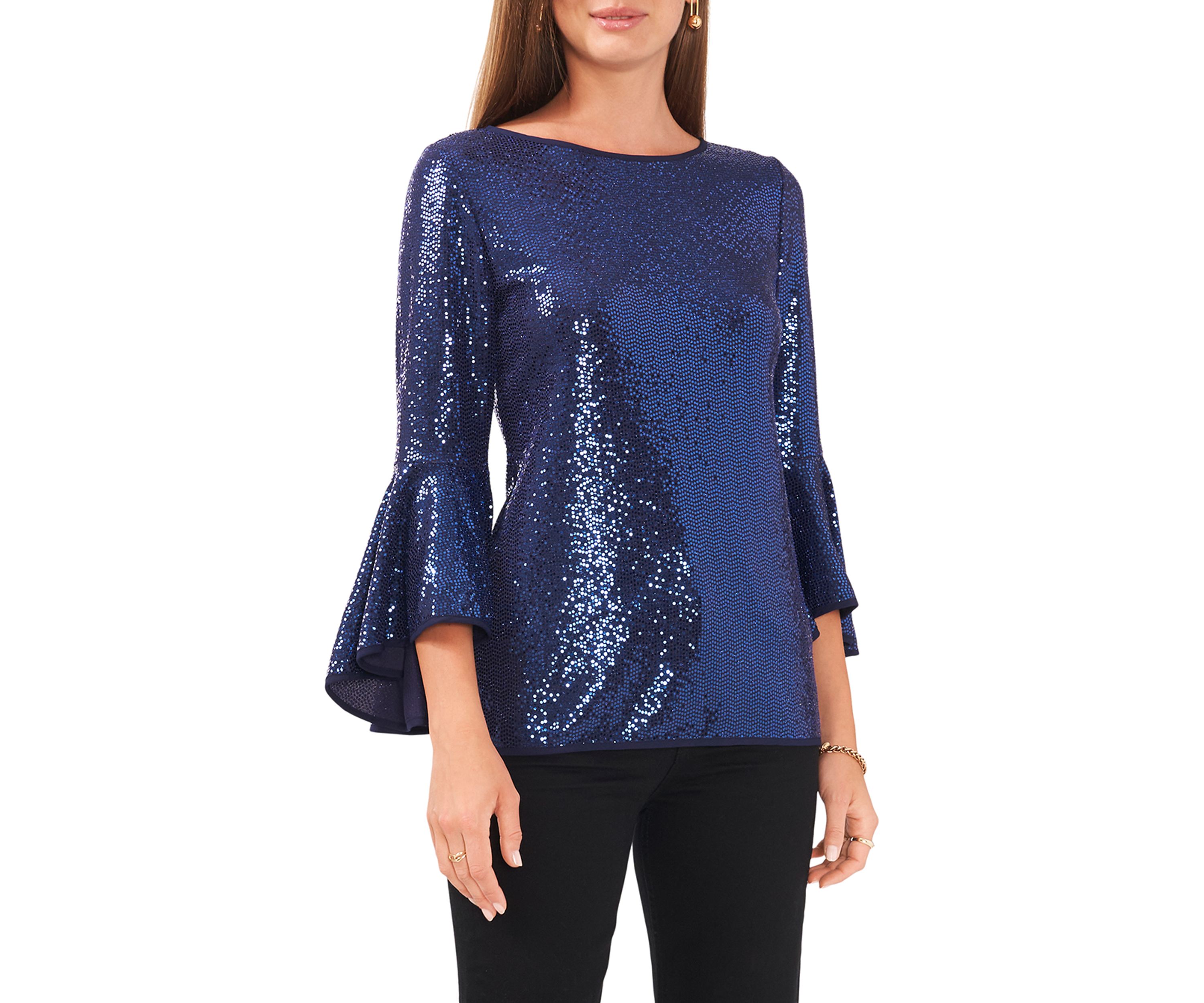 Womens Bell Sleeve Allover Sparkle Knit Blouse
