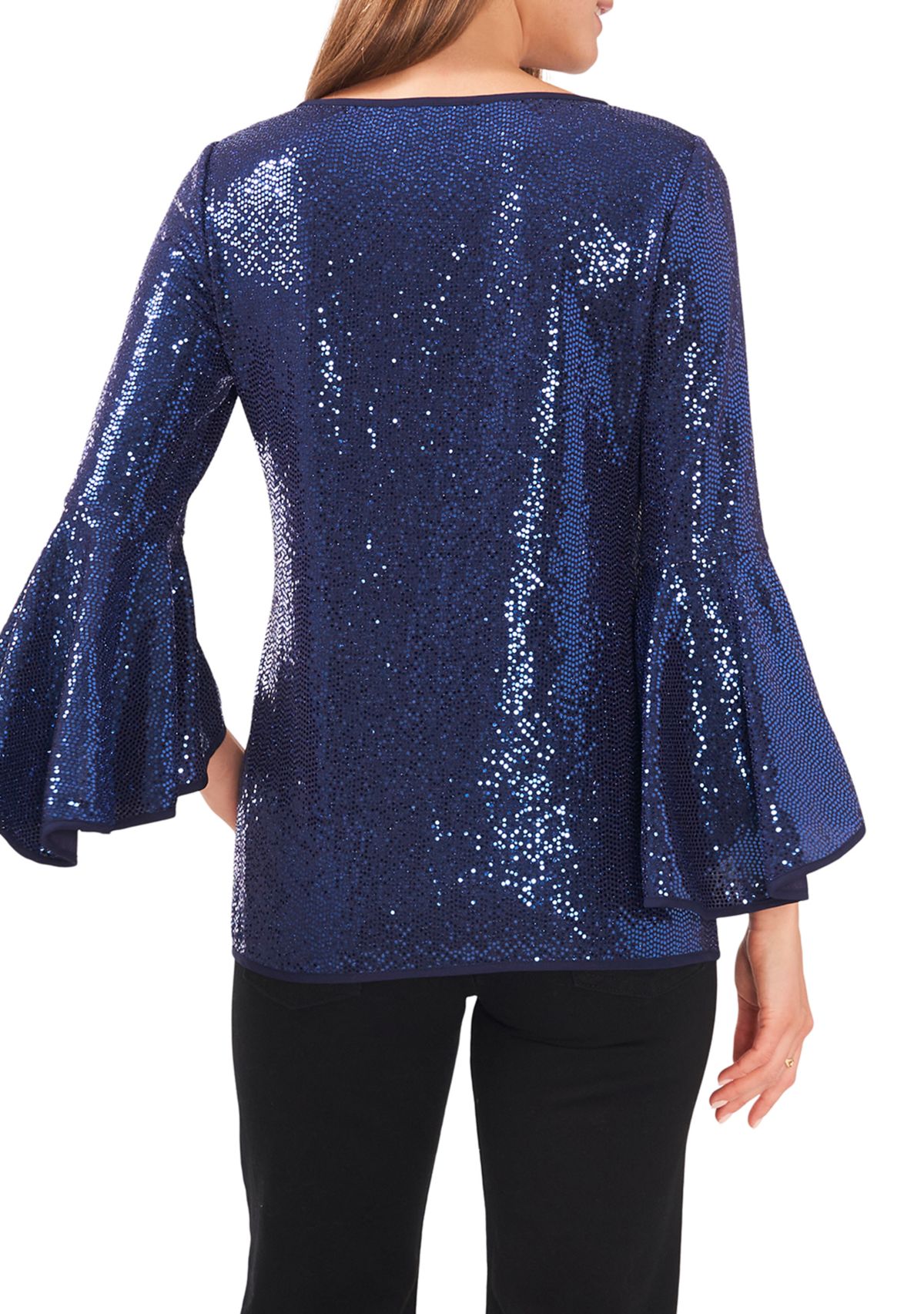 Womens Bell Sleeve Allover Sparkle Knit Blouse