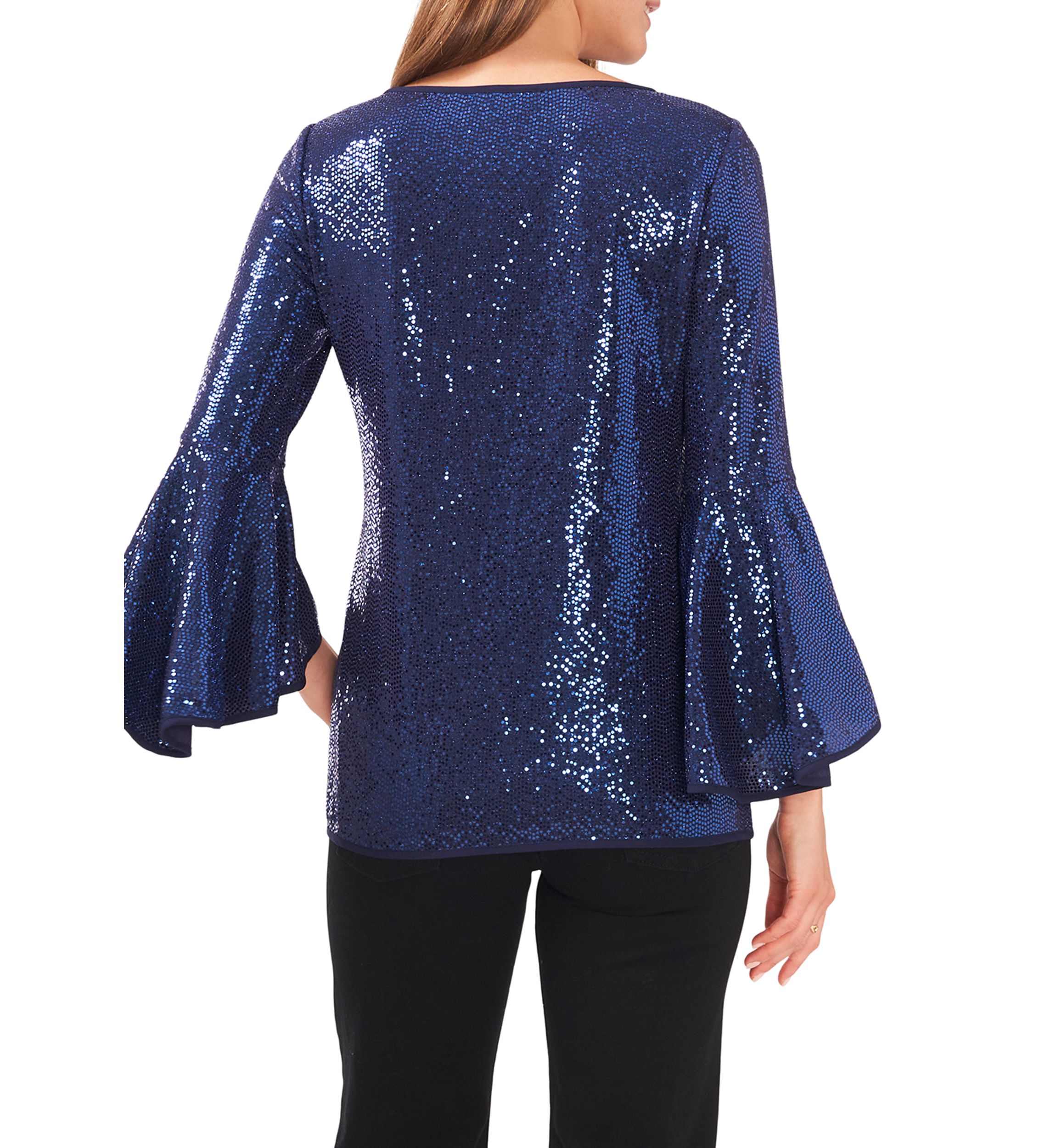 Womens Bell Sleeve Allover Sparkle Knit Blouse