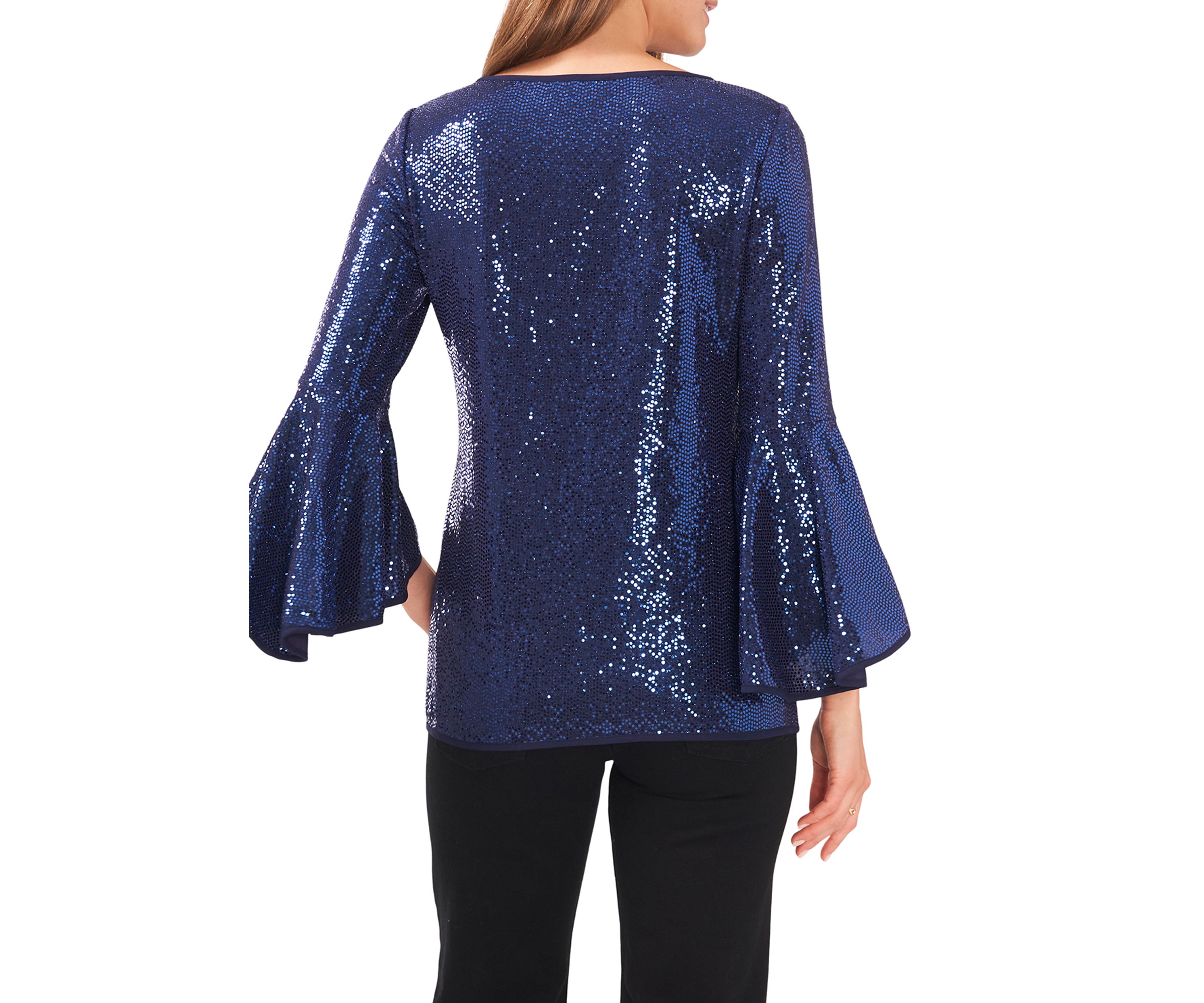 Womens Bell Sleeve Allover Sparkle Knit Blouse