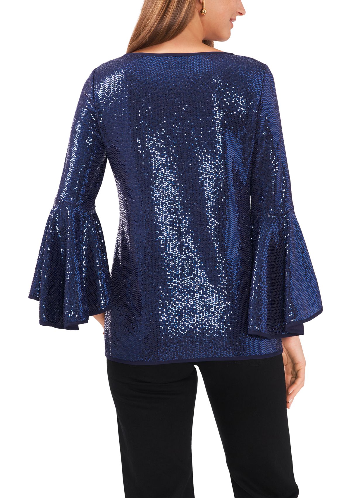 Womens Bell Sleeve Allover Sparkle Knit Blouse