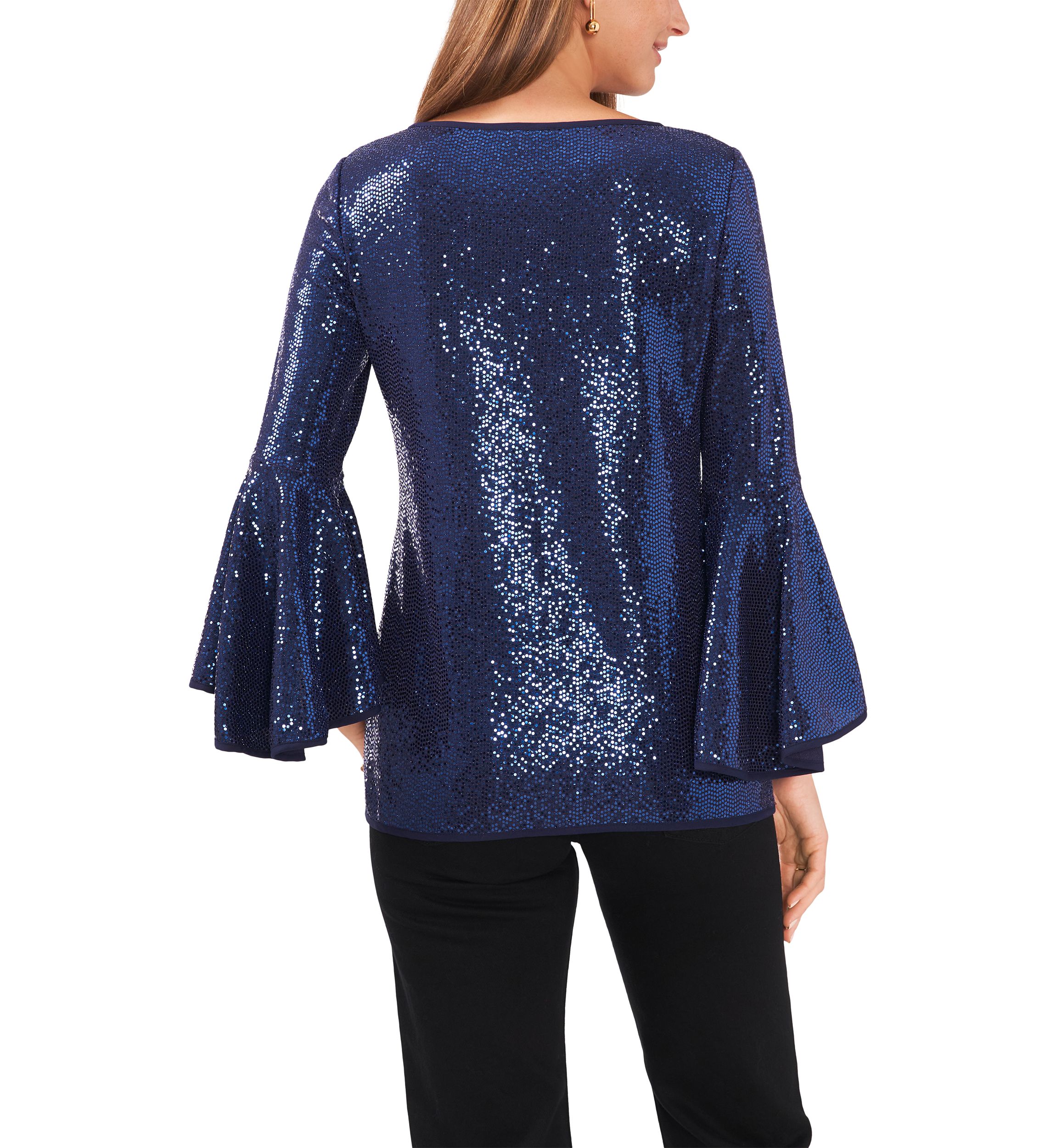 Womens Bell Sleeve Allover Sparkle Knit Blouse