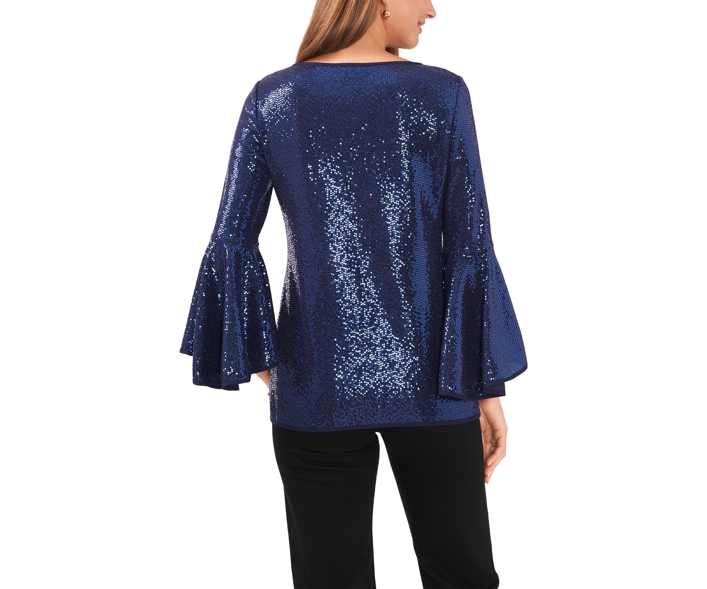 Womens Bell Sleeve Allover Sparkle Knit Blouse