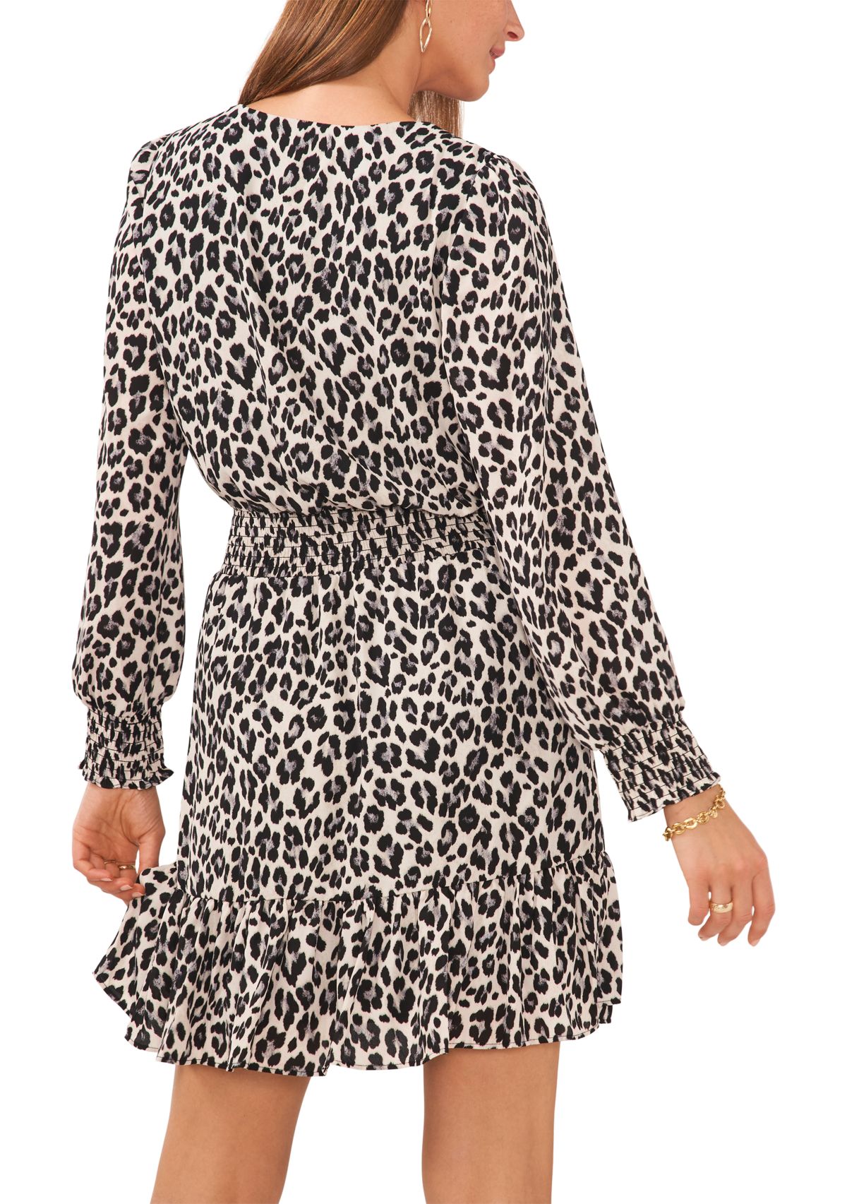 Womens Ruffle Cuff Animal Print Wrap Dress
