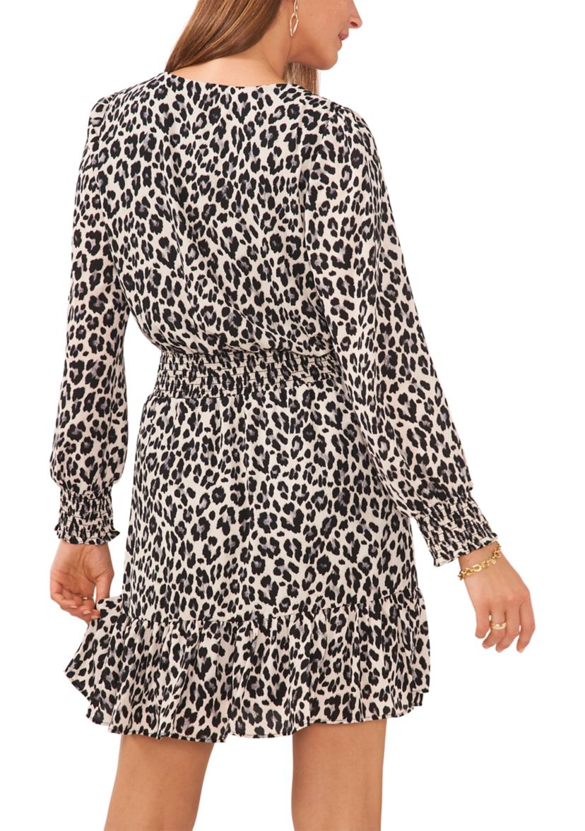 Womens Ruffle Cuff Animal Print Wrap Dress