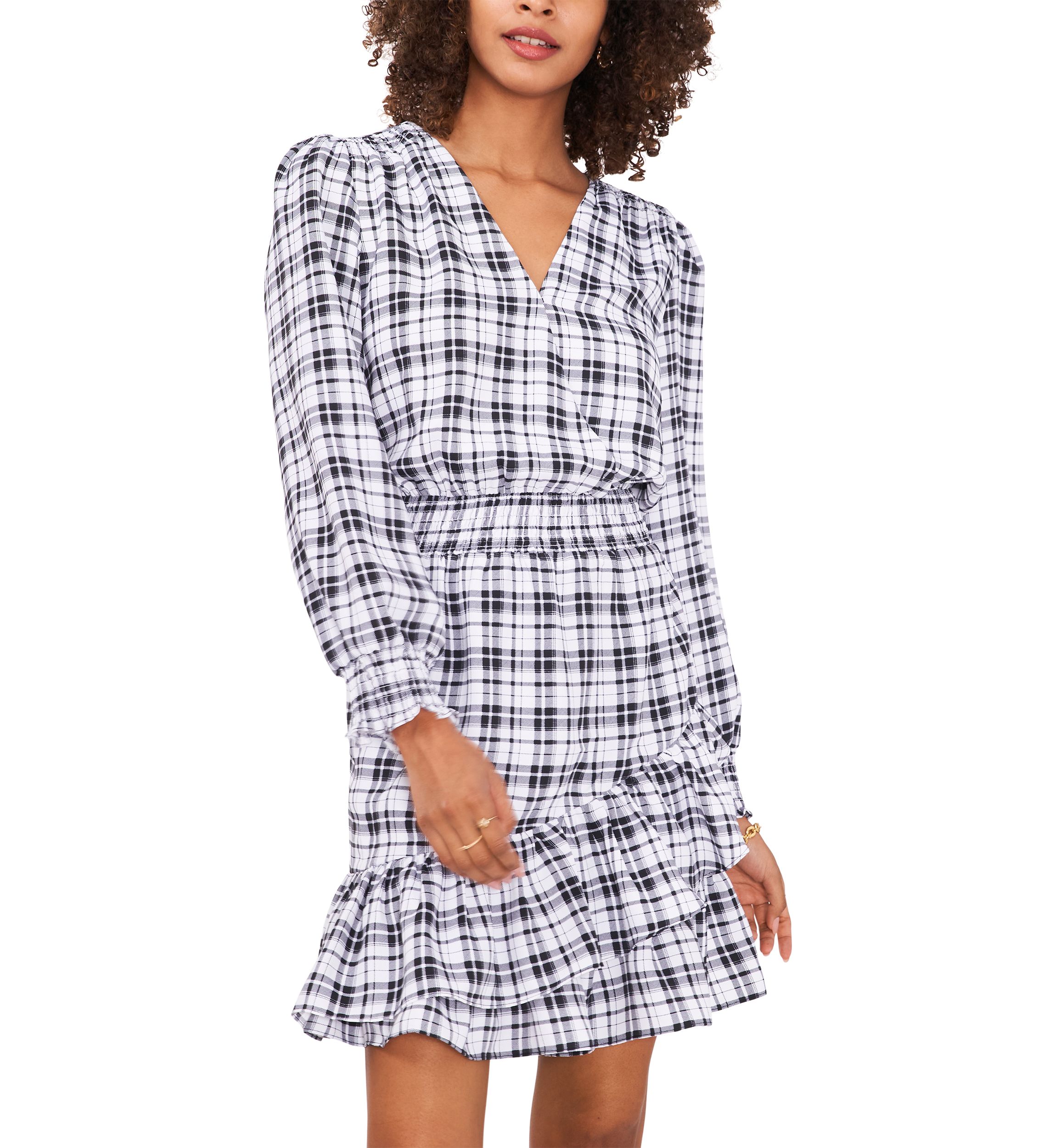 Womens Plaid Printed Surplice Ruffle Dress