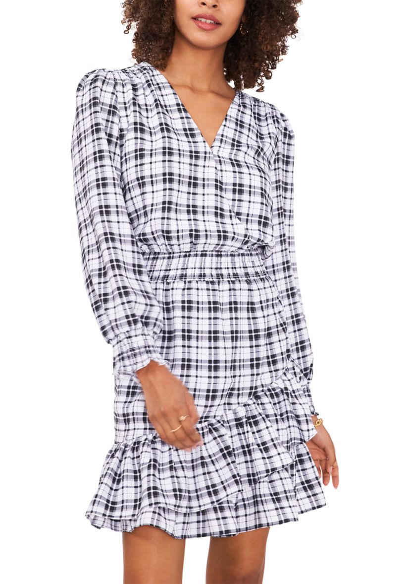 Womens Plaid Printed Surplice Ruffle Dress