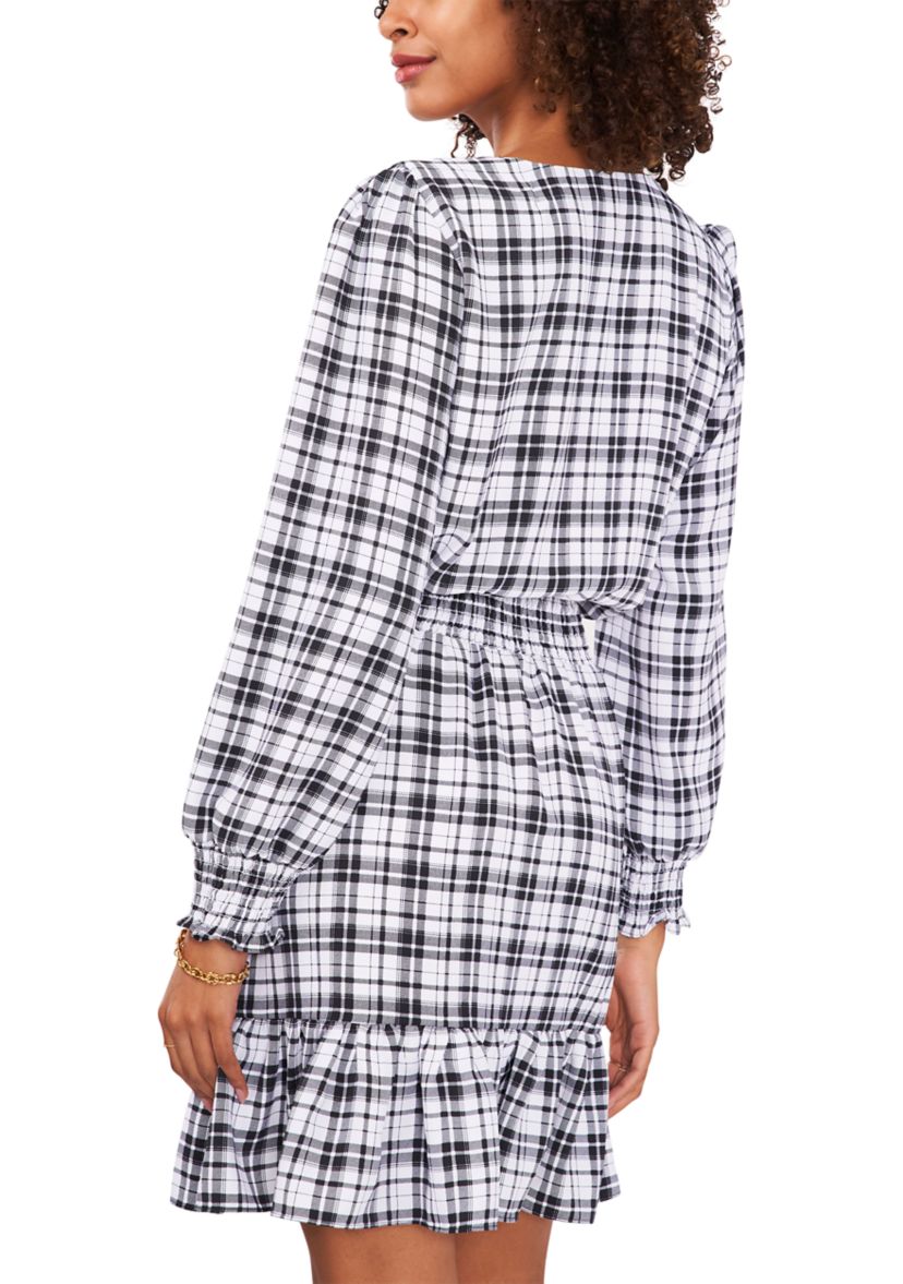 Womens Plaid Printed Surplice Ruffle Dress