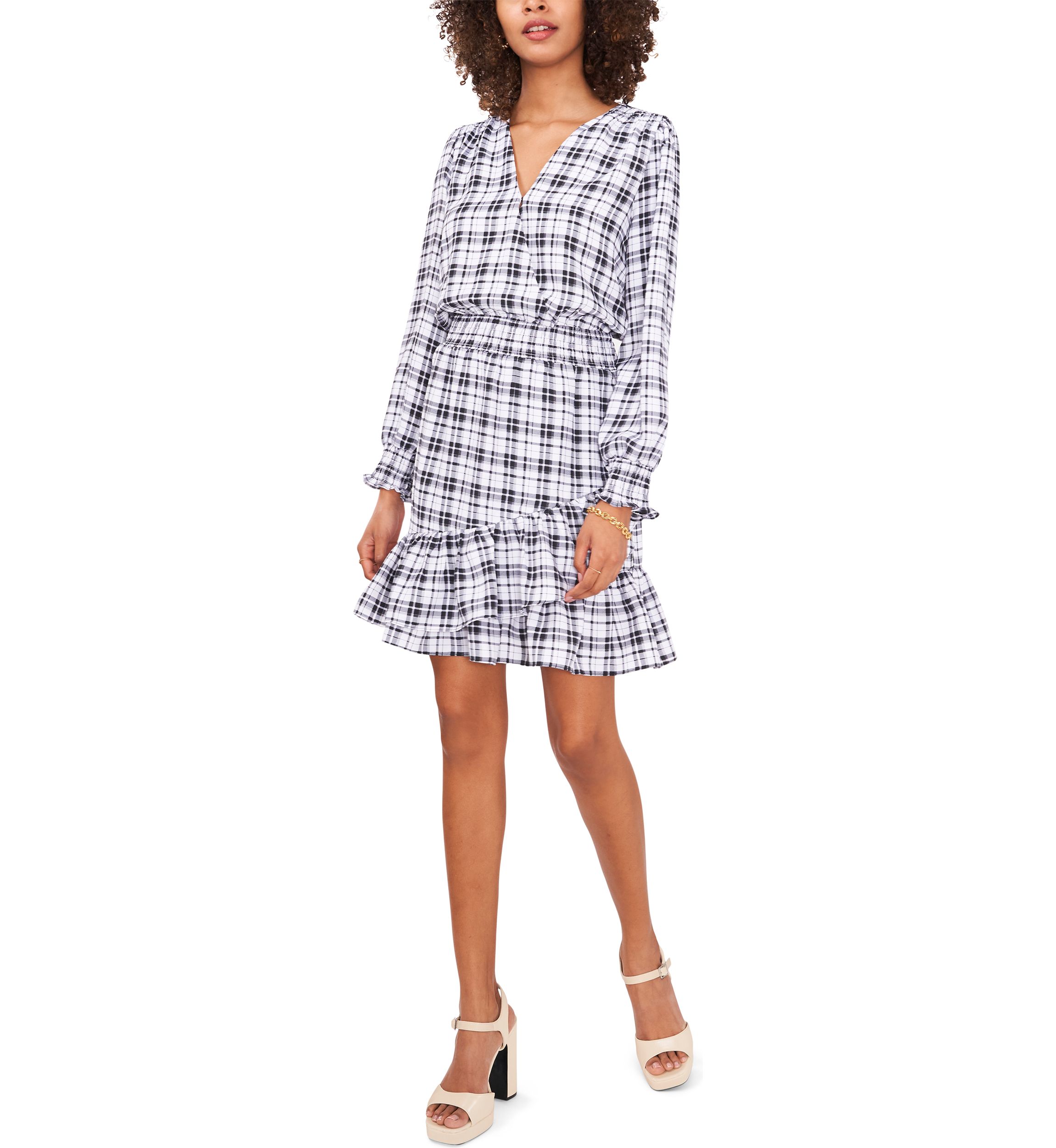 Womens Plaid Printed Surplice Ruffle Dress