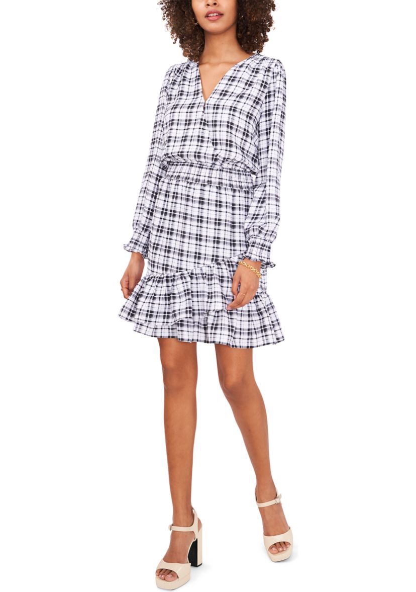 Womens Plaid Printed Surplice Ruffle Dress