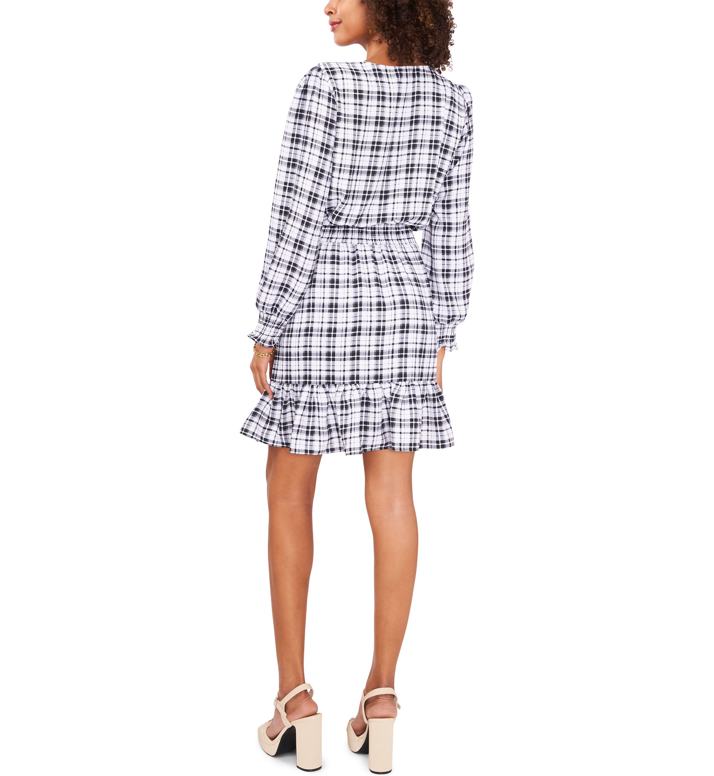 Womens Plaid Printed Surplice Ruffle Dress