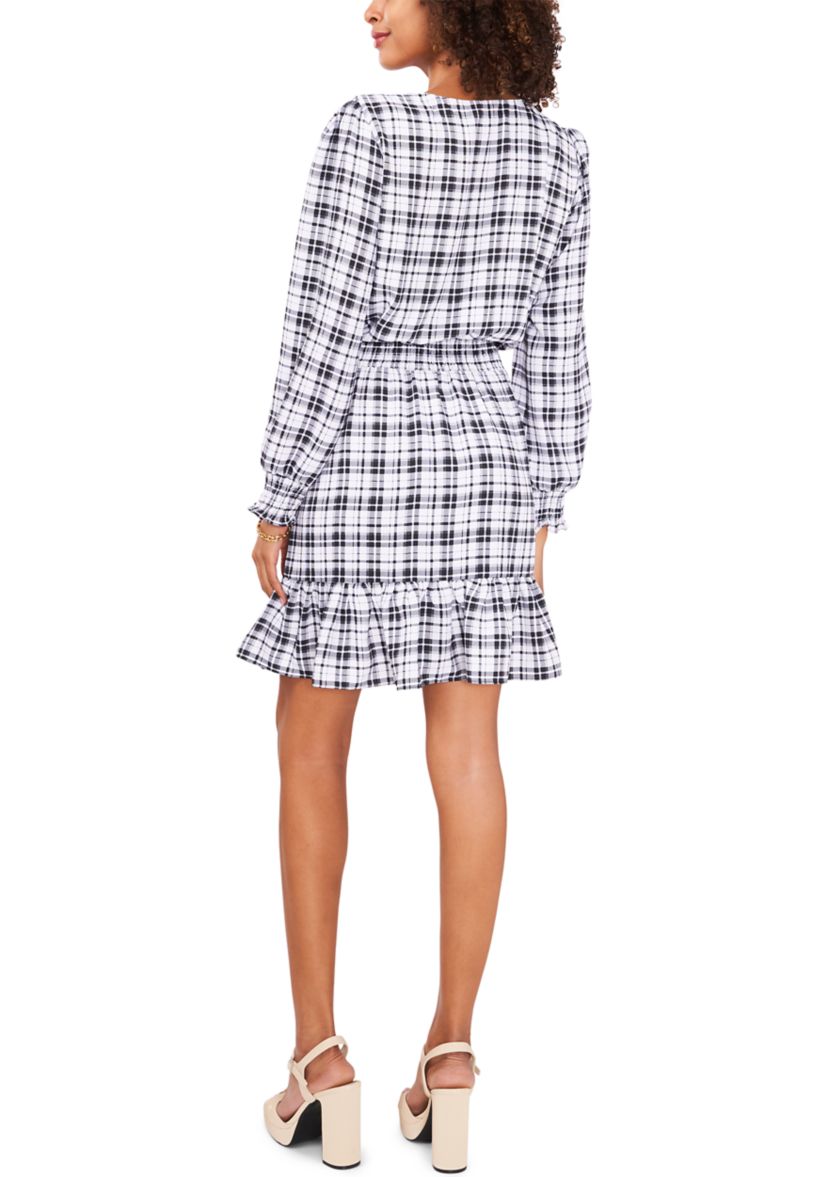 Womens Plaid Printed Surplice Ruffle Dress