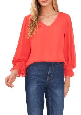 Vince Camuto Women's Solid-Color V-Neck Blouson-Sleeve Top