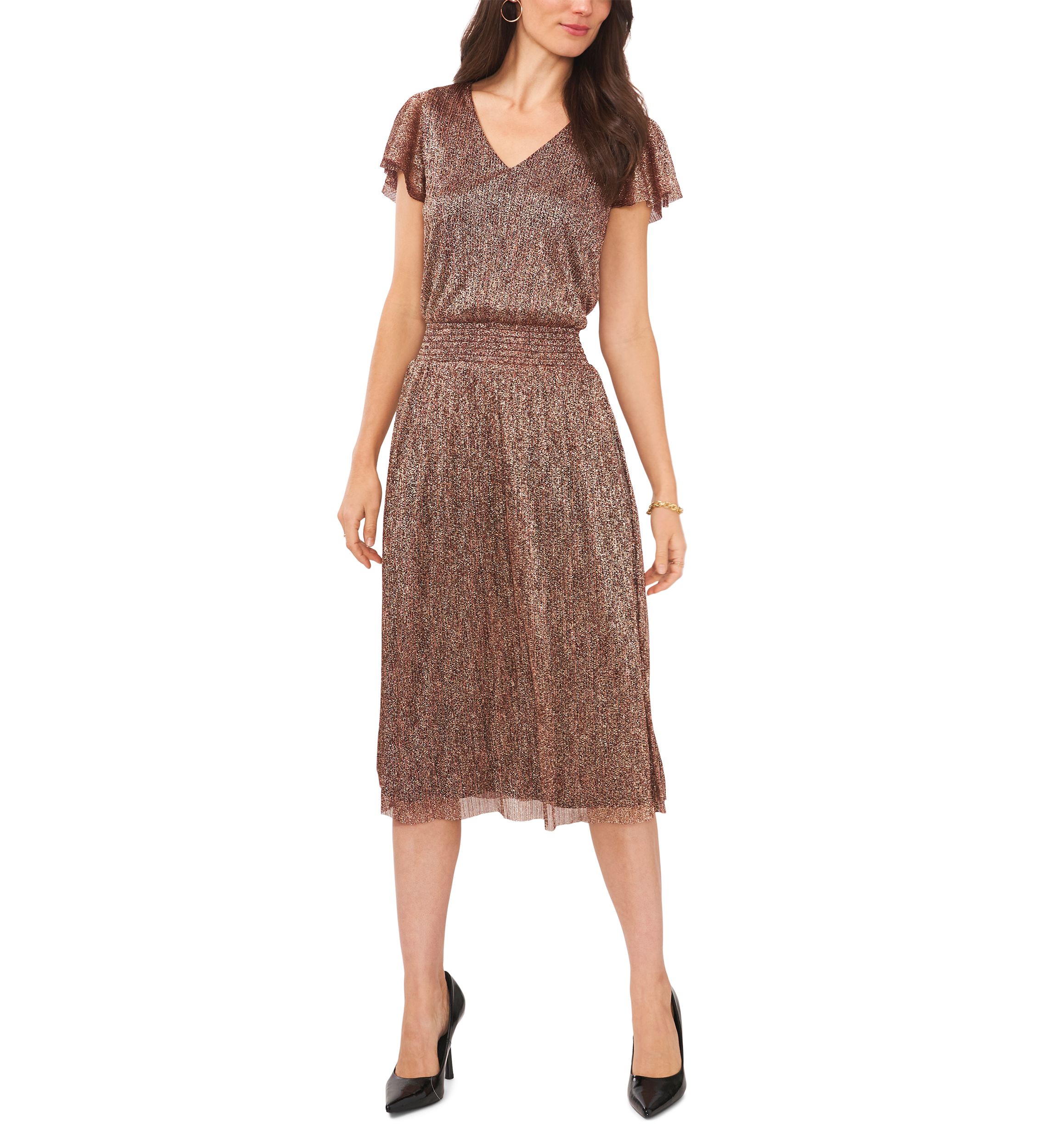 Womens Flutter Sleeve Smock Waist Foil Knit Dress