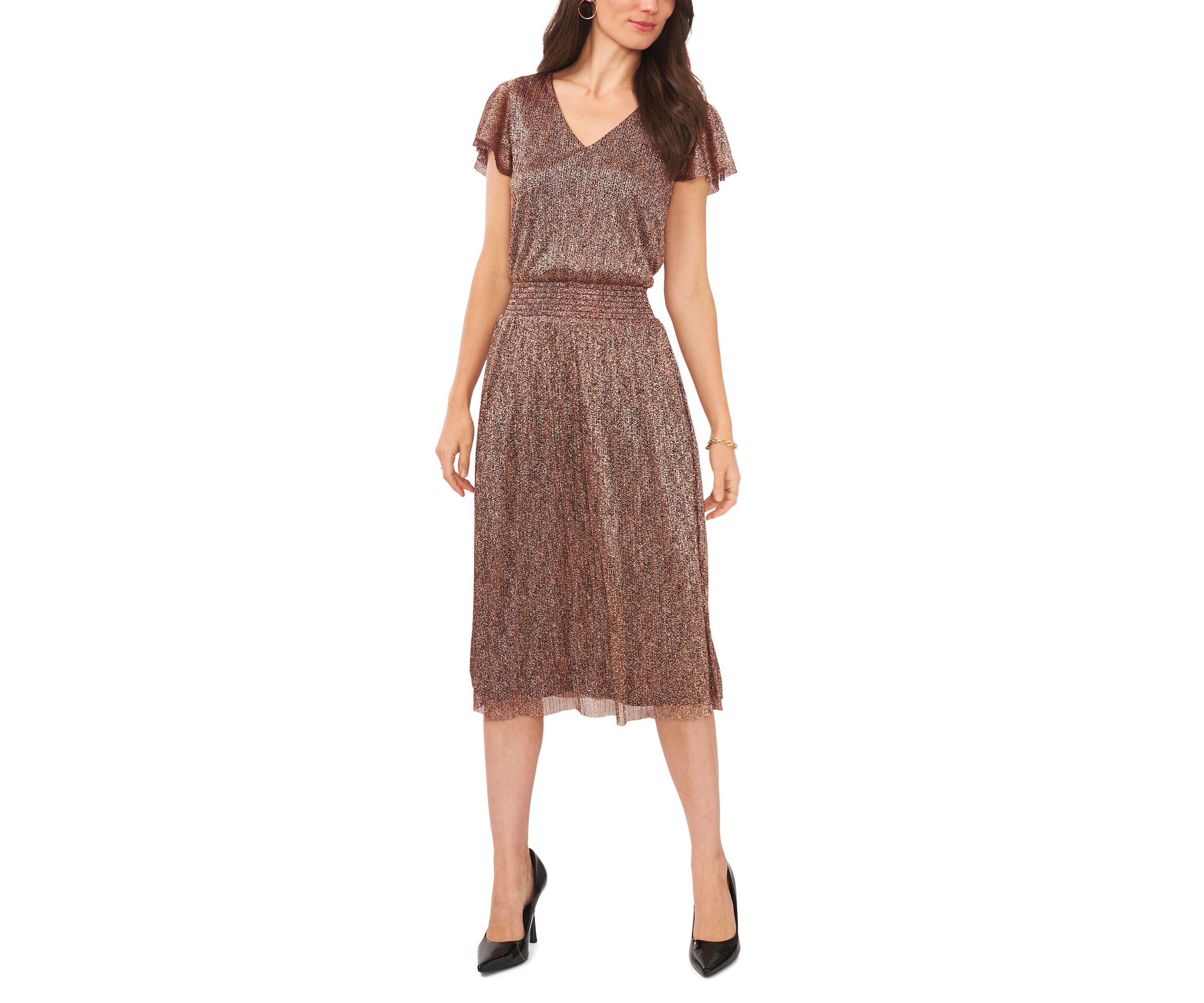 Womens Flutter Sleeve Smock Waist Foil Knit Dress