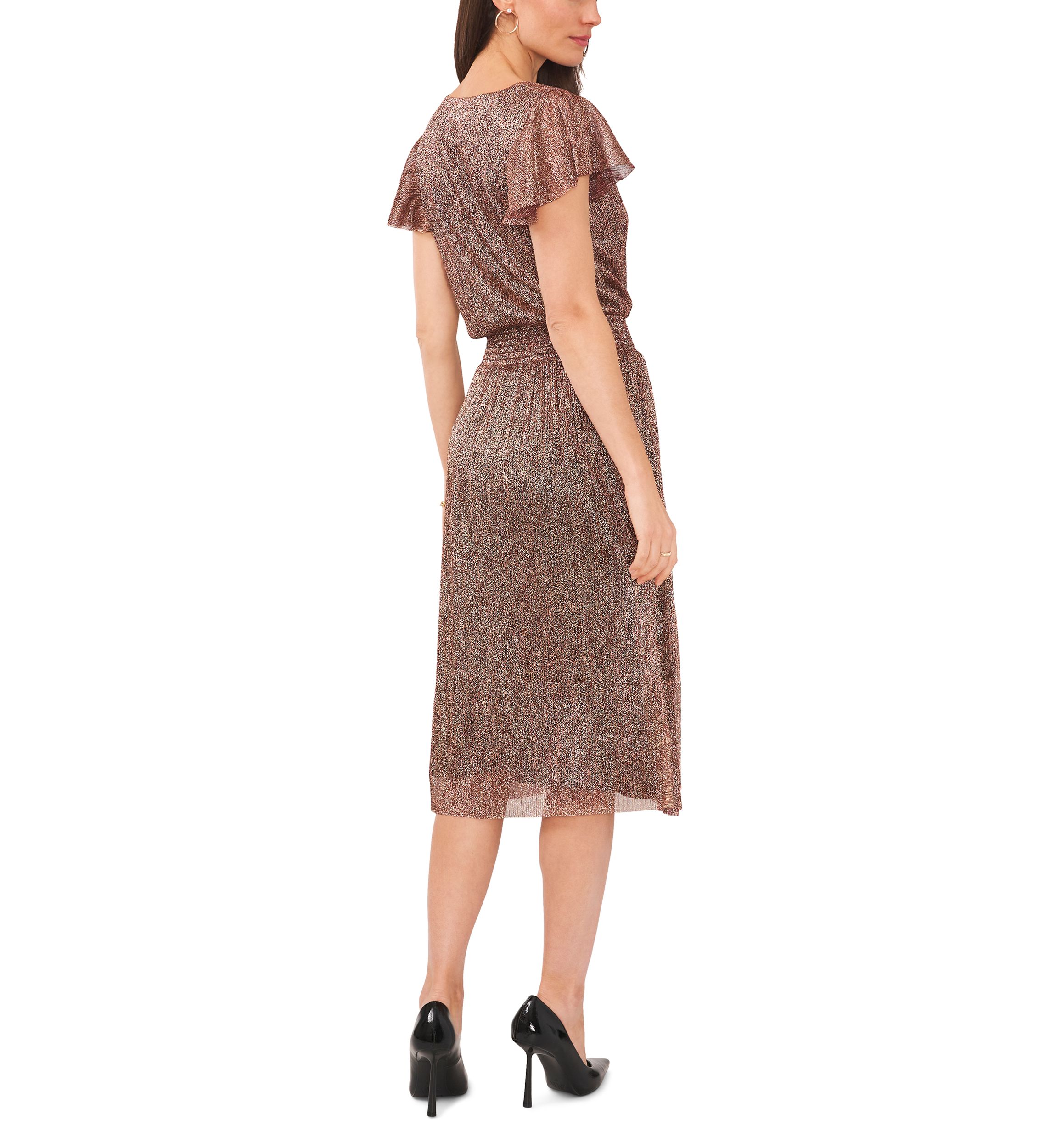Womens Flutter Sleeve Smock Waist Foil Knit Dress