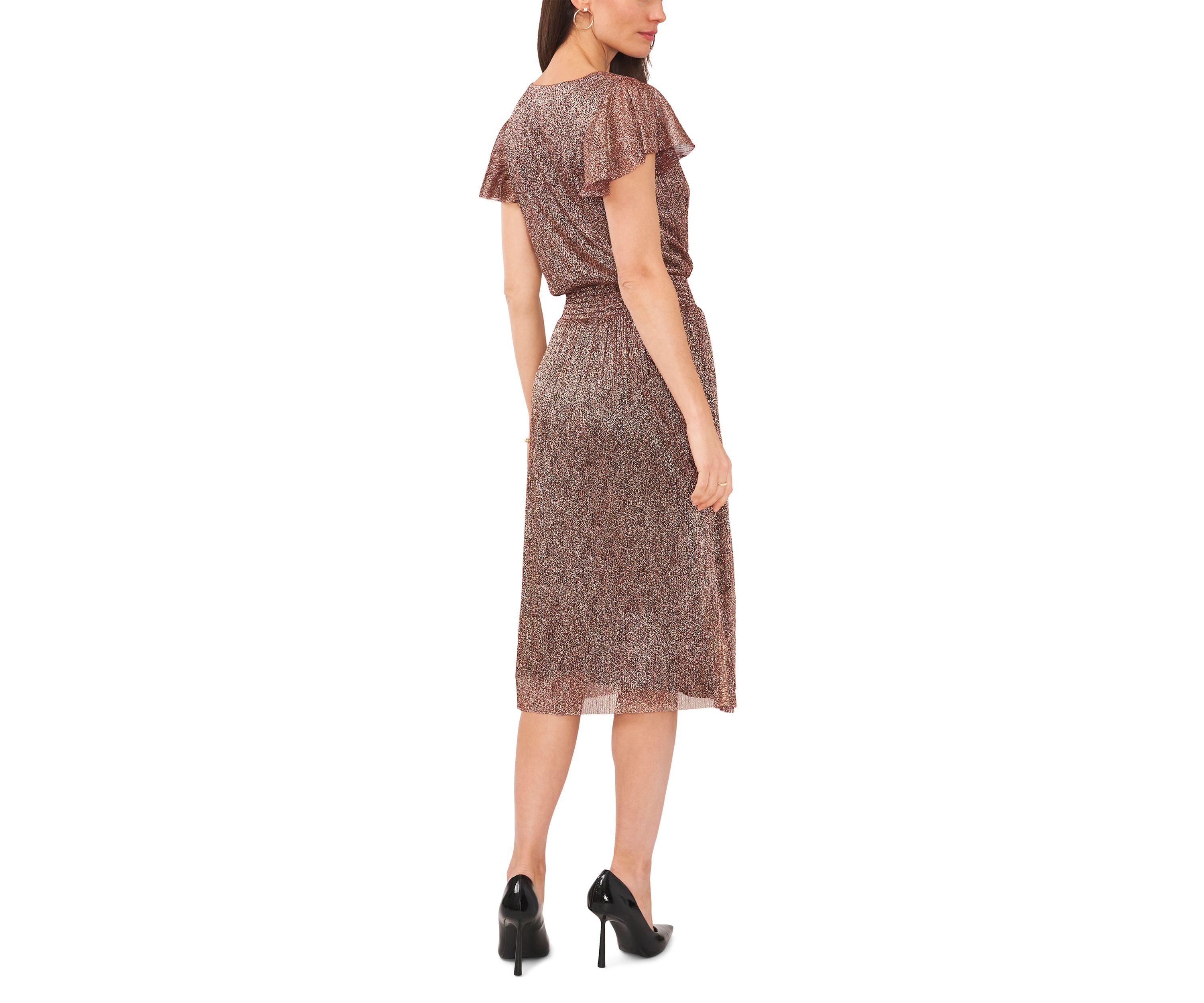 Womens Flutter Sleeve Smock Waist Foil Knit Dress