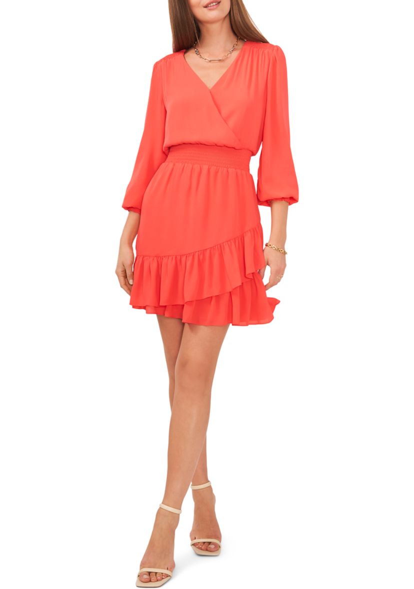 Womens V-Neck Overlap Dress with Smocking