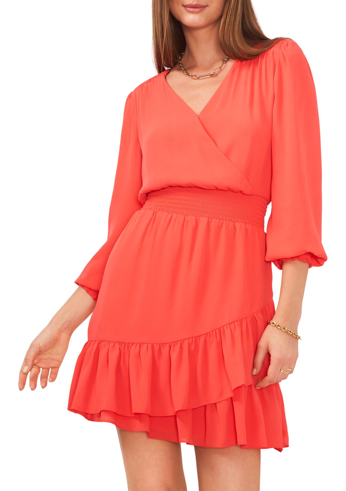 Womens V-Neck Overlap Dress with Smocking