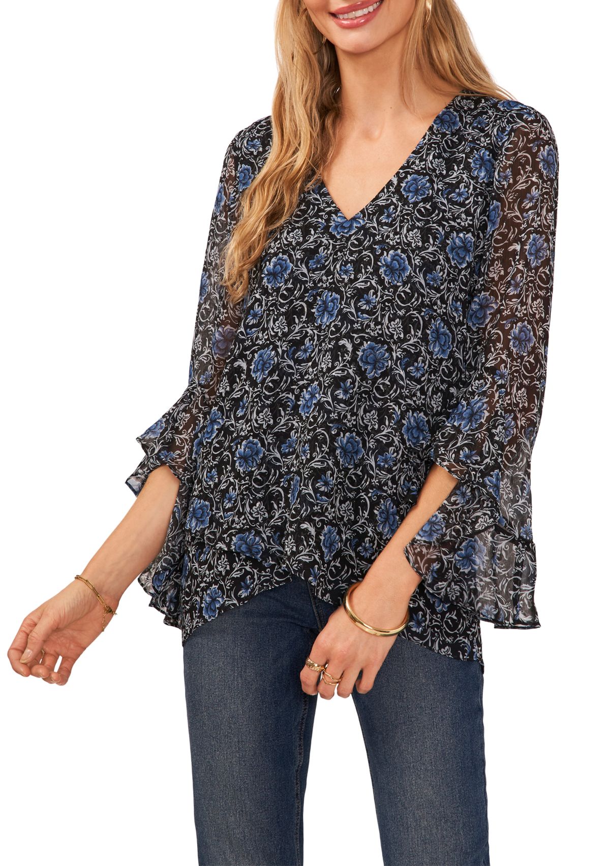 Womens Flutter Sleeve Floral V-Neck Blouse