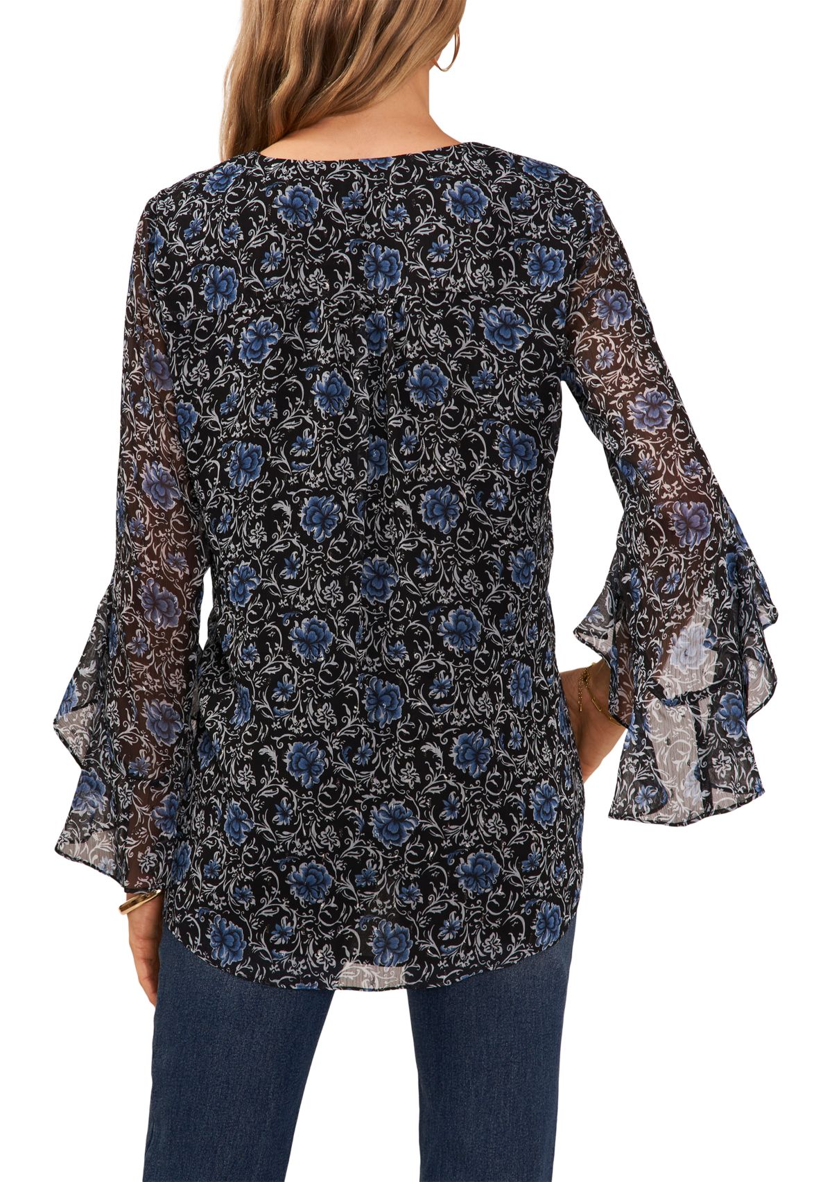 Womens Flutter Sleeve Floral V-Neck Blouse