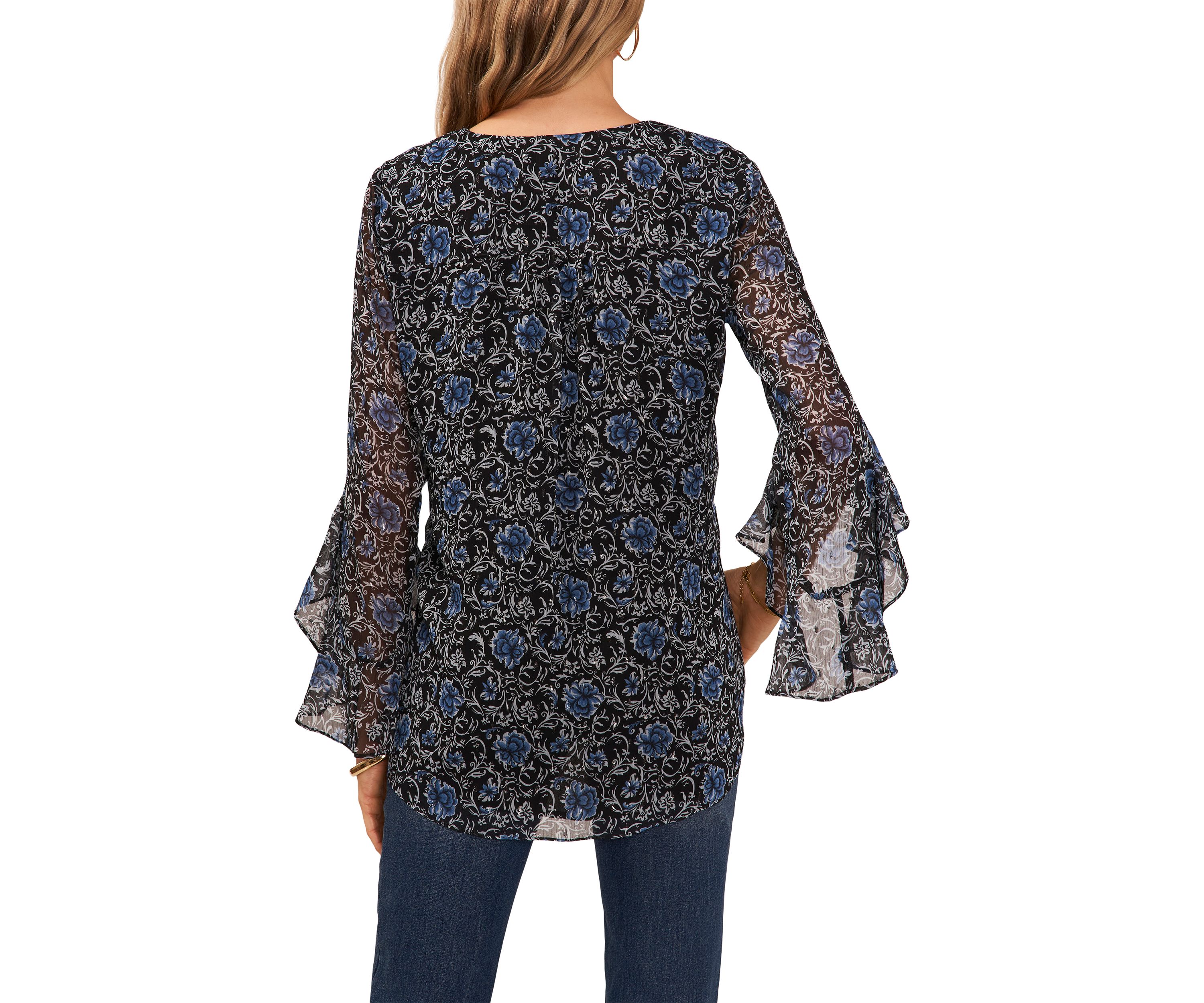 Womens Flutter Sleeve Floral V-Neck Blouse