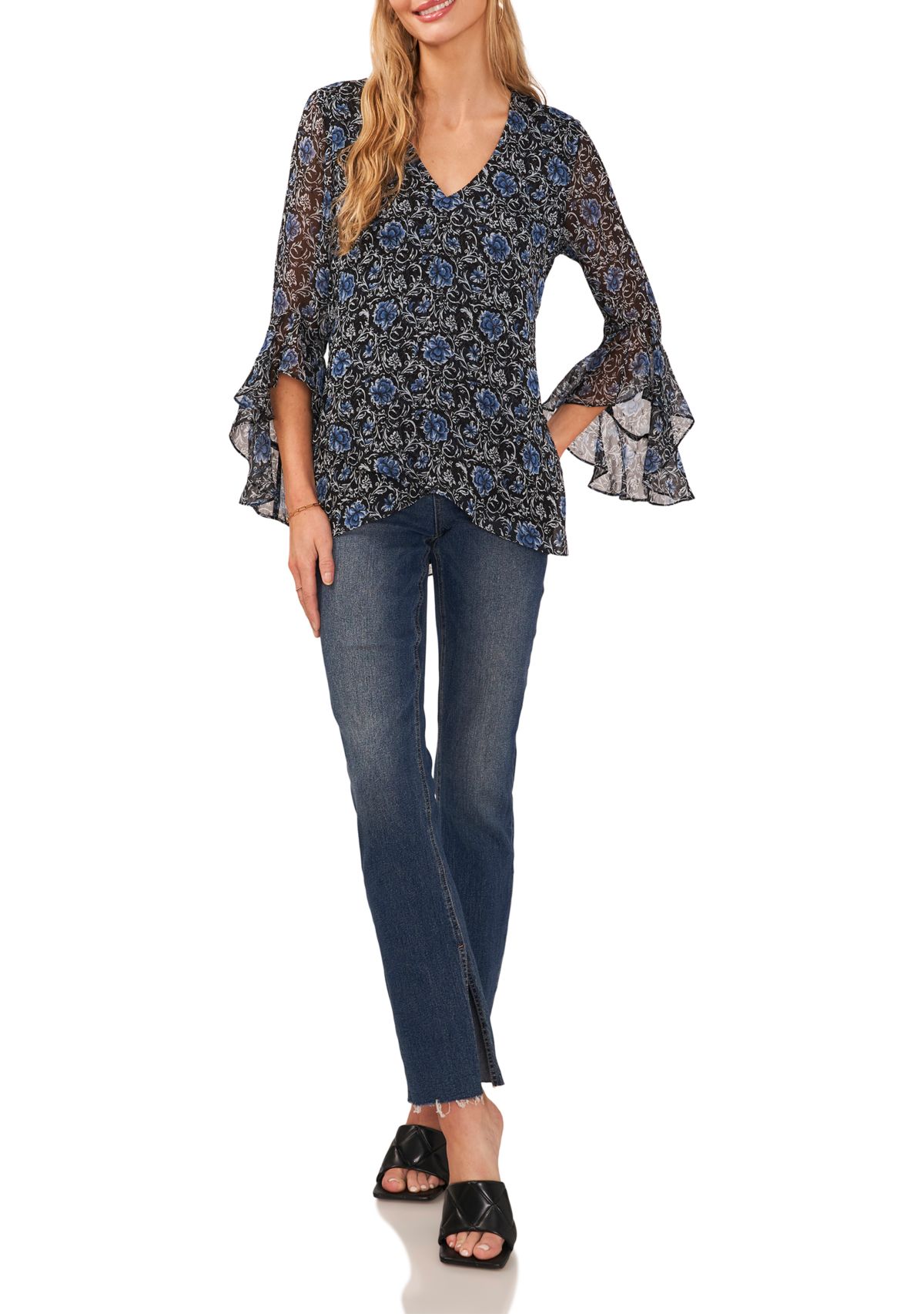 Womens Flutter Sleeve Floral V-Neck Blouse