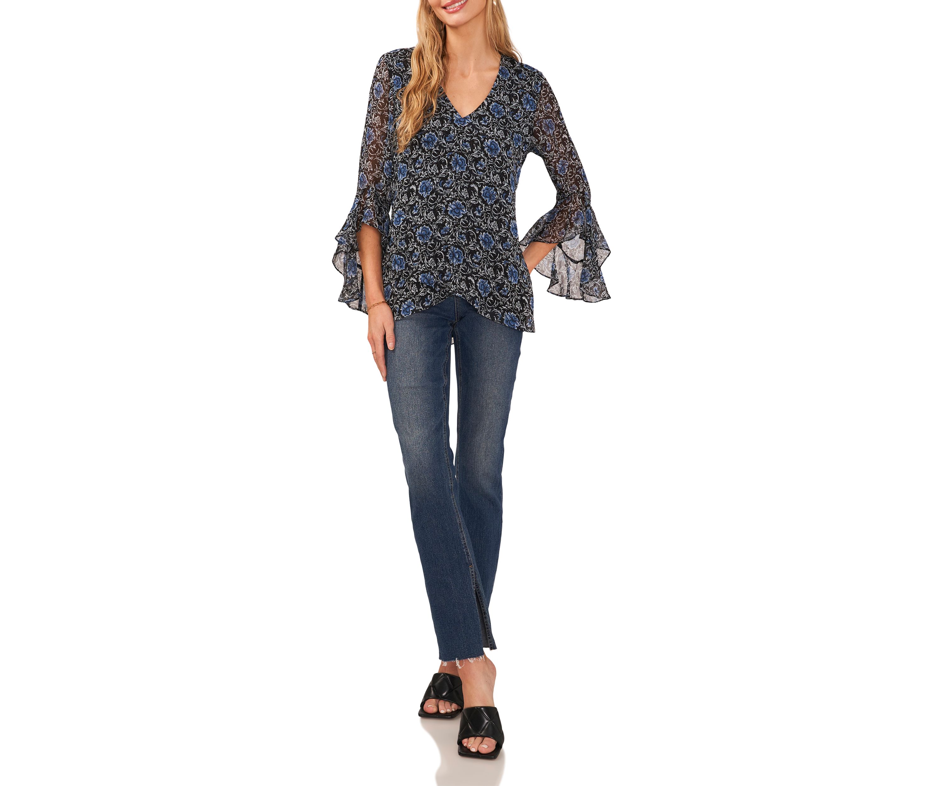 Womens Flutter Sleeve Floral V-Neck Blouse