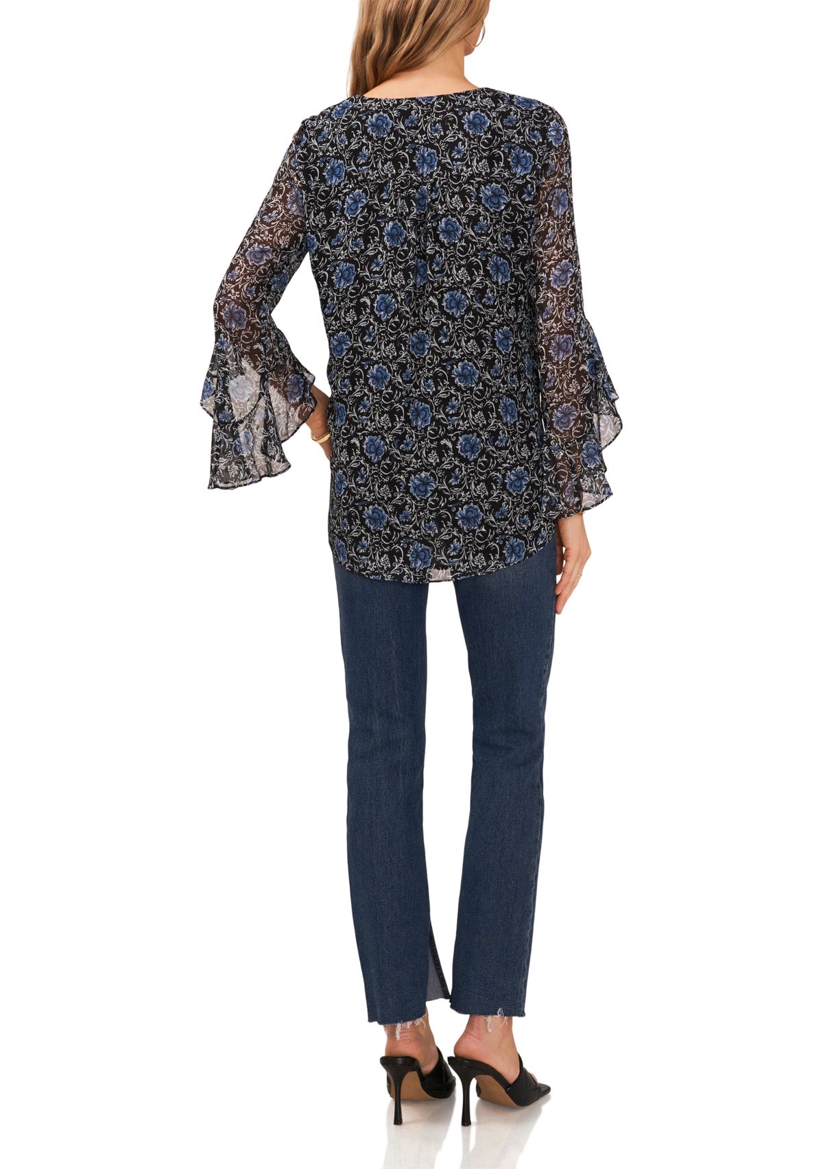 Womens Flutter Sleeve Floral V-Neck Blouse