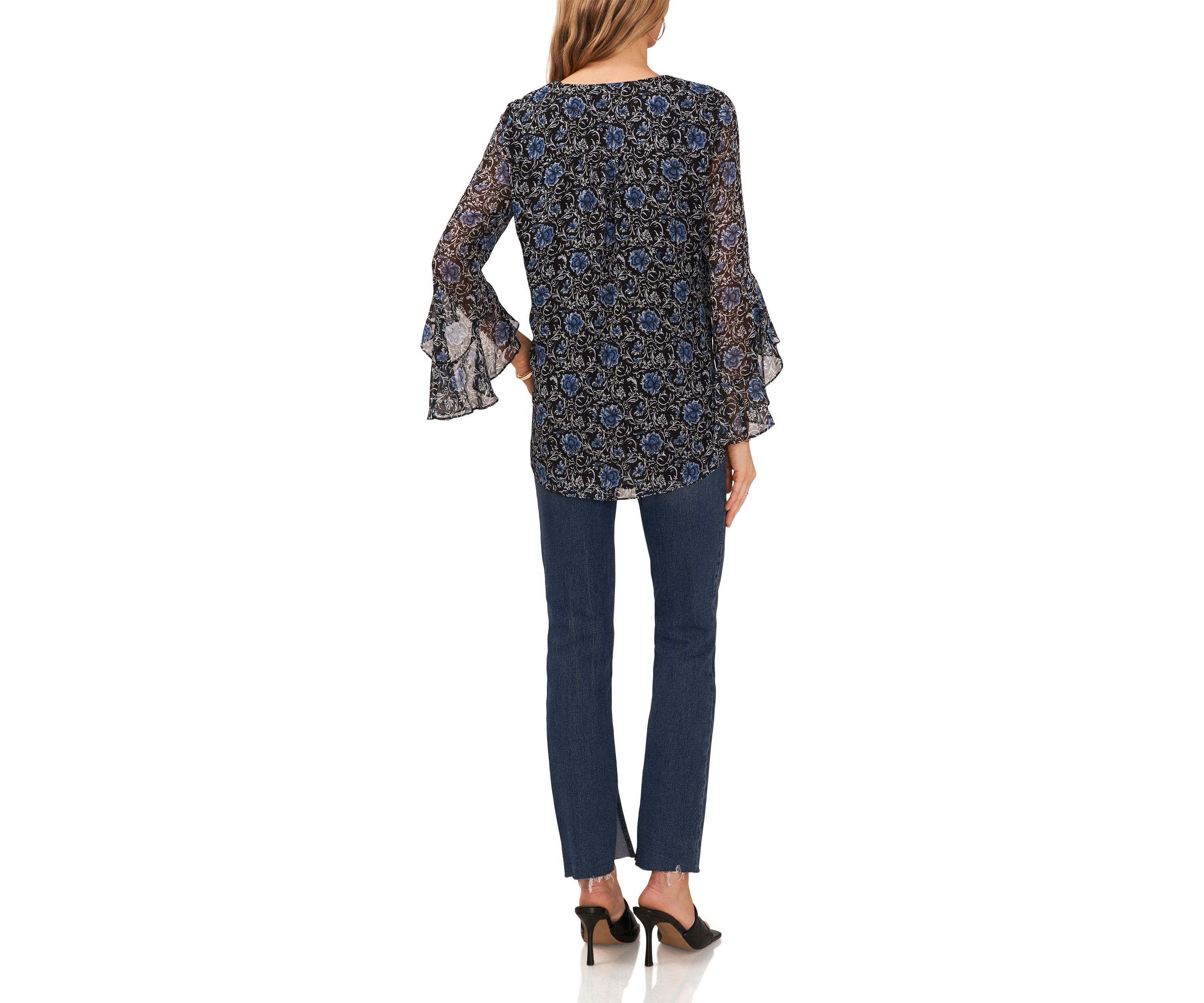 Womens Flutter Sleeve Floral V-Neck Blouse