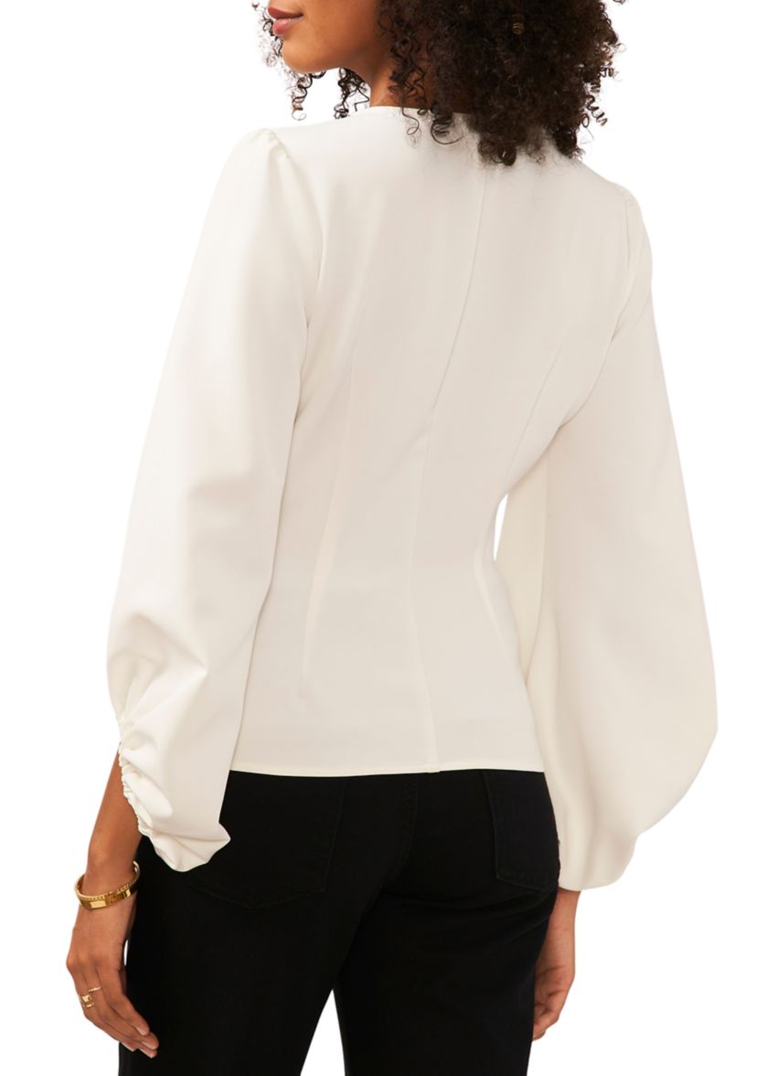 Womens Blouson Sleeve Drawstring Center Front Top