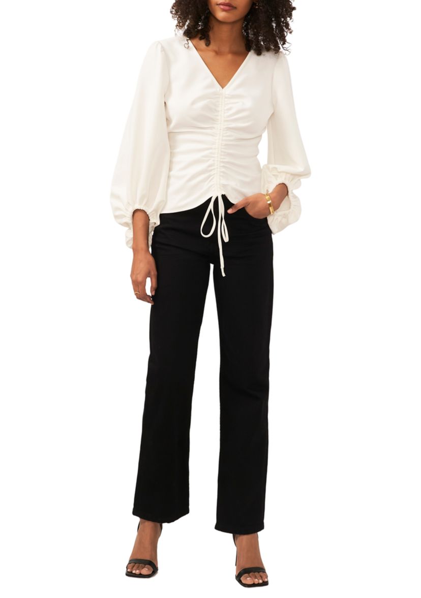Womens Blouson Sleeve Drawstring Center Front Top