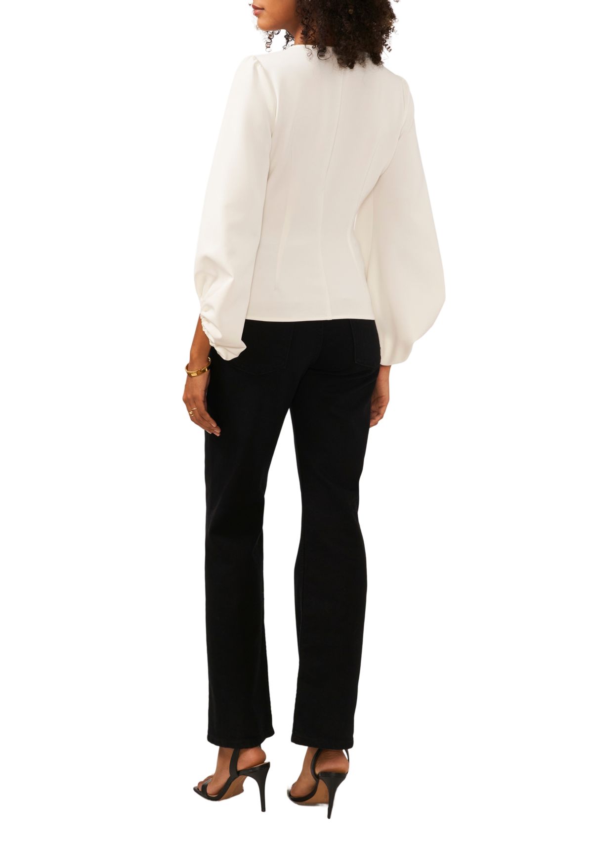 Womens Blouson Sleeve Drawstring Center Front Top