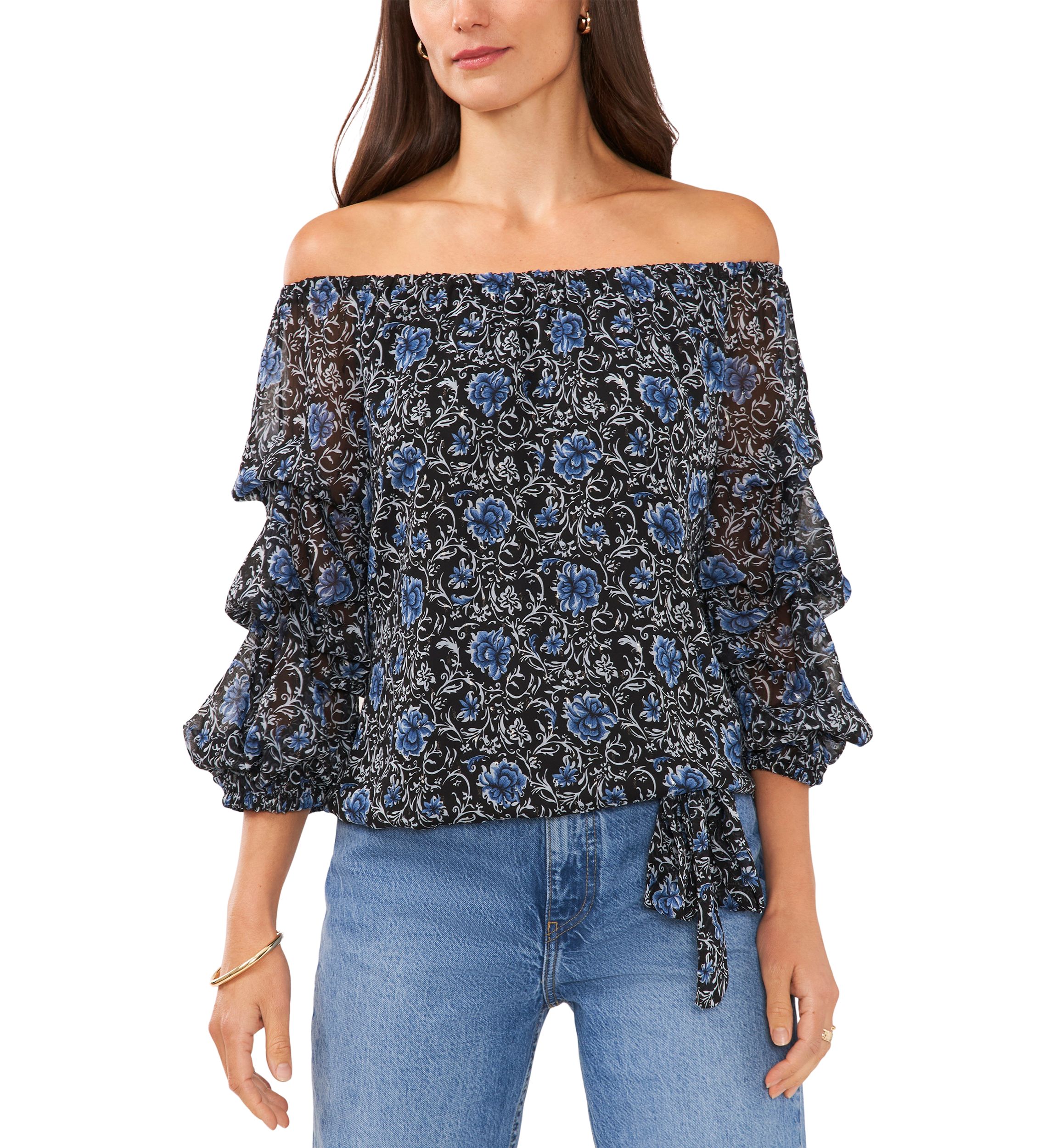 Womens Floral Cha Cha Sleeve Off the Shoulder Top 