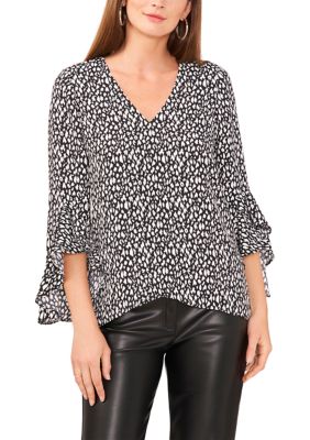 Lucky Brand Women's Printed 3/4 Sleeve V Neck Top Black Size X