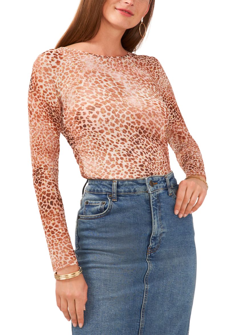 Womens Long Sleeve Side Ruched Animal Print Mesh Top