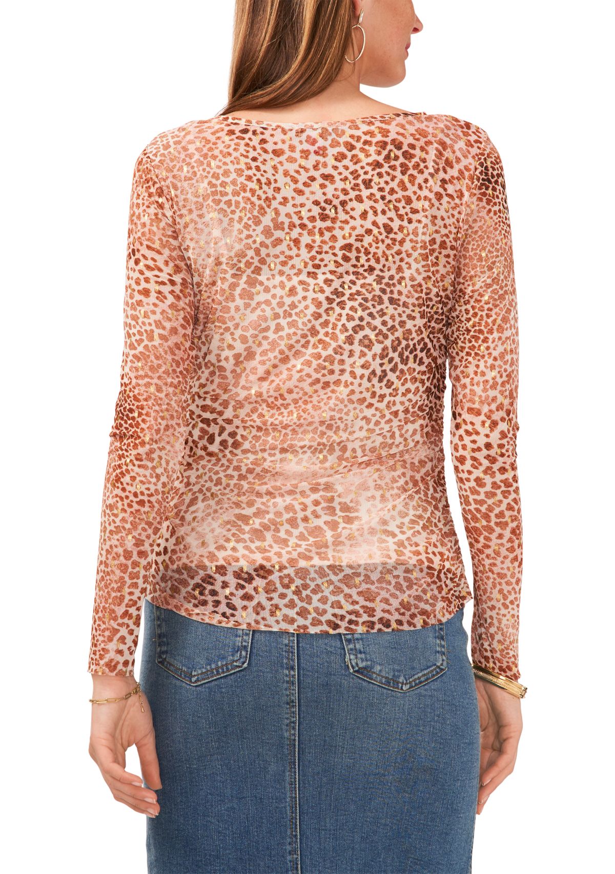 Womens Long Sleeve Side Ruched Animal Print Mesh Top