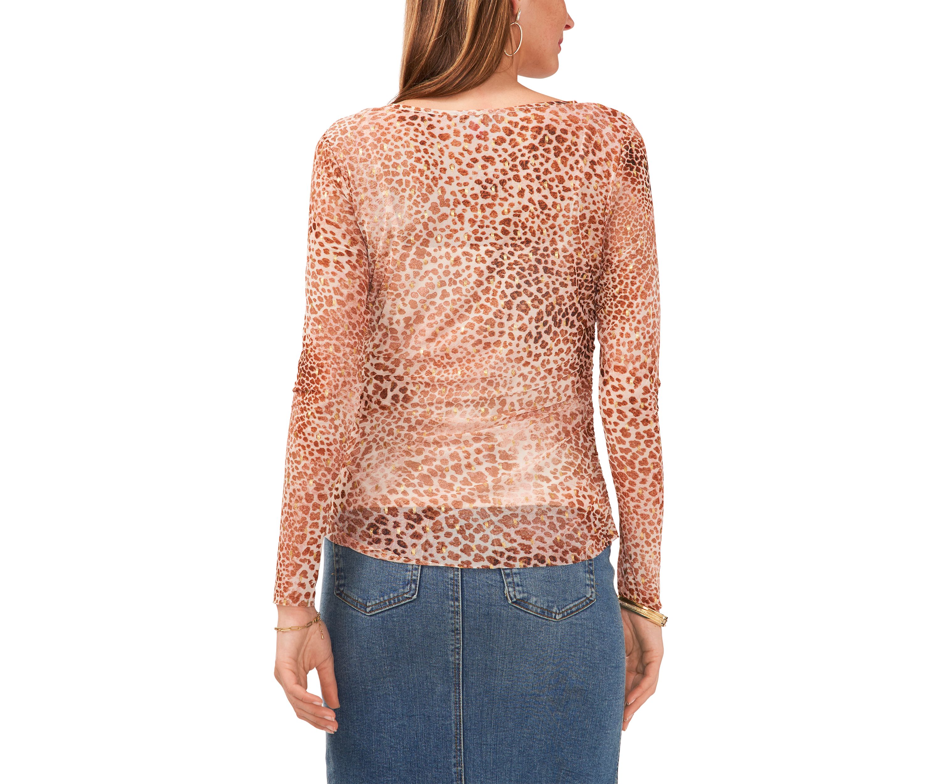 Womens Long Sleeve Side Ruched Animal Print Mesh Top