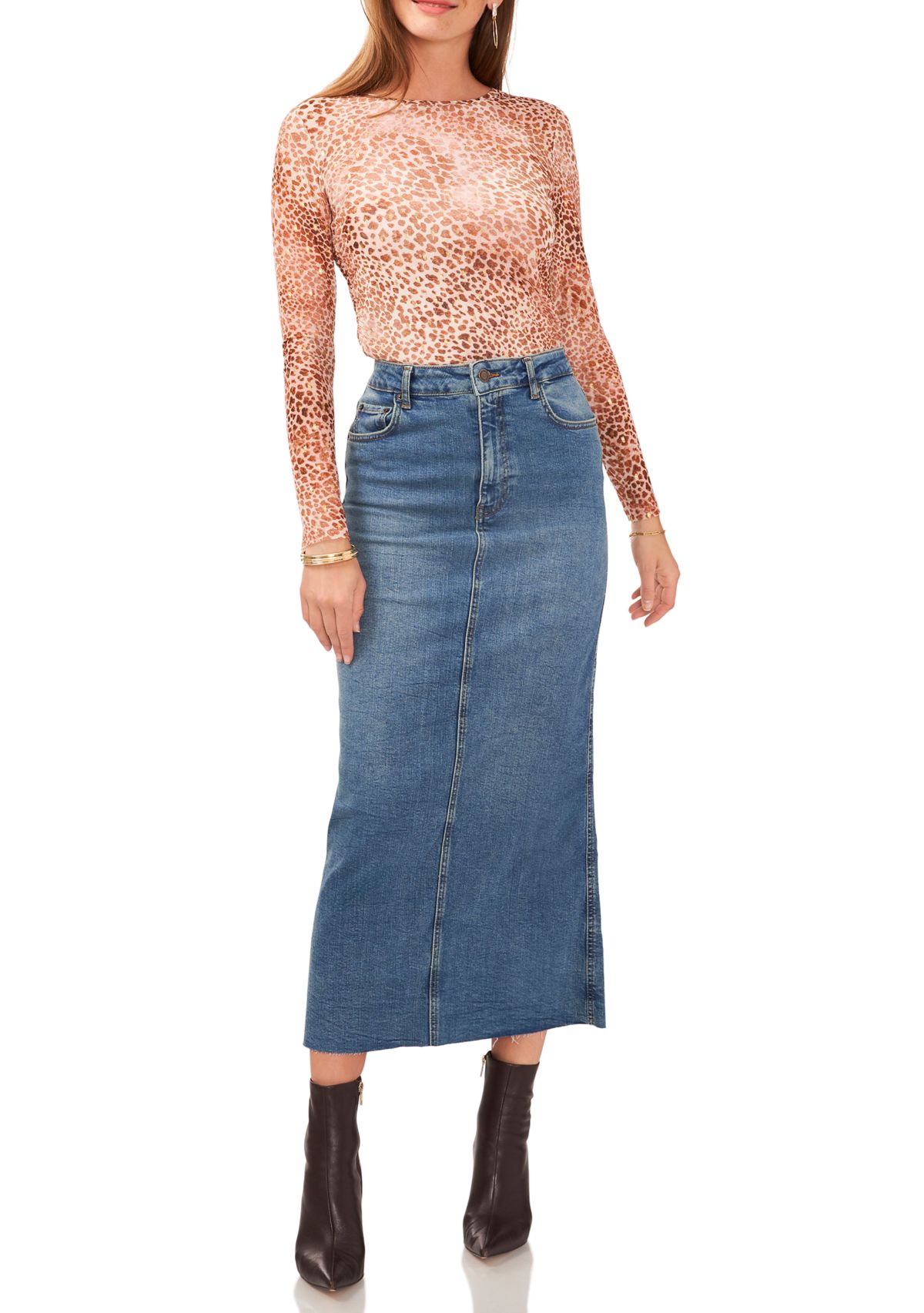 Womens Long Sleeve Side Ruched Animal Print Mesh Top